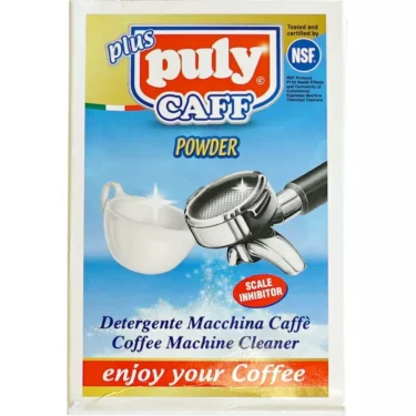 Front of a Puly Caff Plus Backflushing Detergent Powder 10 Packets box, with a portafilter and cup, labeled "Detergente Macchina Caffè" and "Coffee Machine Cleaner." Effective for backflushing espresso machines for optimal cleaning.