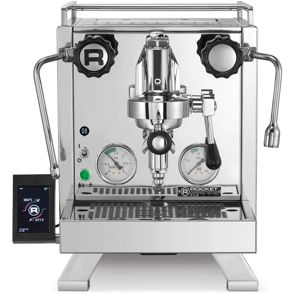 The Rocket R Cinquantotto (R58) Dual Boiler Espresso Machine features stainless steel construction, dual boilers, dual pressure gauges, a steam wand, hot water spout, two large control knobs, and a left-side digital display.
