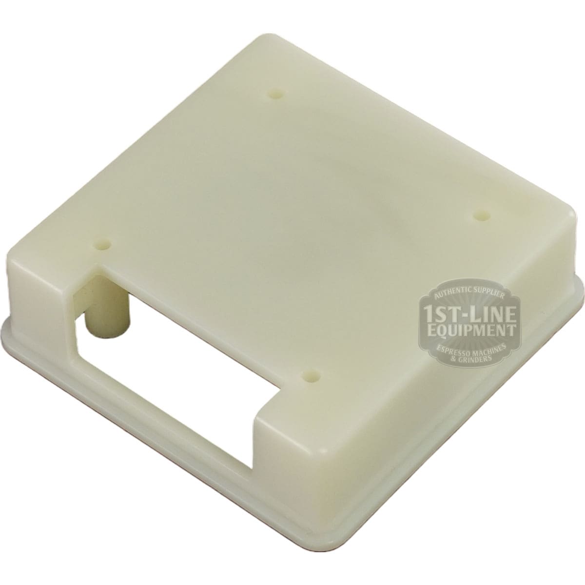 Off-white rectangular plastic cover with rounded edges, four small circular holes, and a large rectangular cutout on one side. Designed as the Bellezza BE.001.016 Version 1 Display Box part for espresso machines. © 2025 1st-line.com