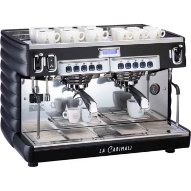 The Carimali Bubble 2 Group Commercial Espresso Machine (120V or 230V) features several control buttons and multiple small white cups arranged on and inside the machine.