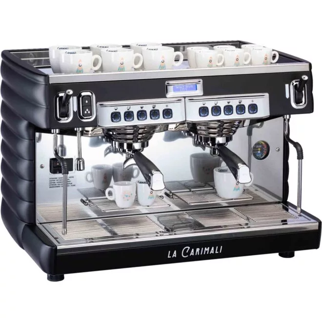The Carimali Bubble 2 Group Commercial Espresso Machine (120V or 230V) features several control buttons and multiple small white cups arranged on and inside the machine.