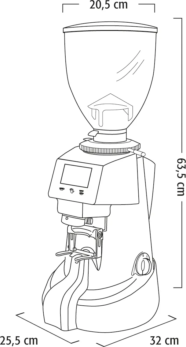 Line drawing of the Fiorenzato F64 EVO XGi Espresso Coffee Grinder - Grams-Based Dosing, showing a large hopper, digital gram dosing display, portafilter holder. Dimensions: 63.5cm H x 20.5cm W (top) x 25.5cm base x 32cm D.
