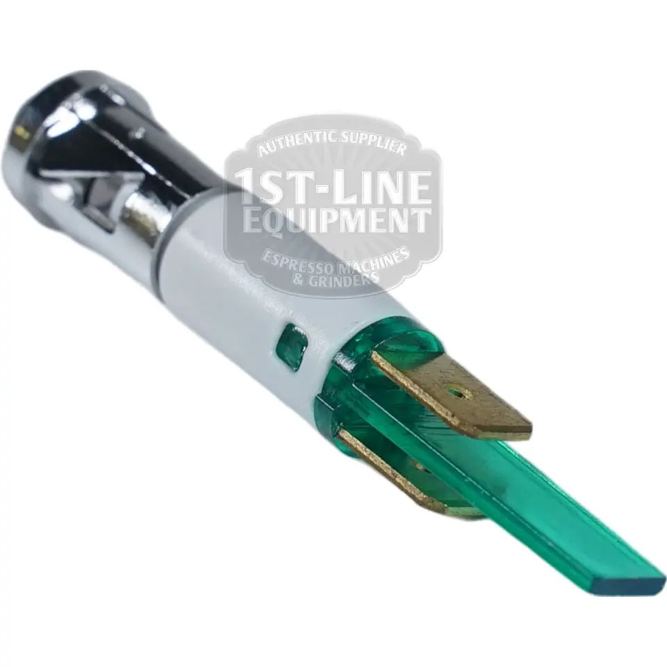 Close-up of the Torre LAMP0003 Green LED LDF 09 230V, showing its metallic and plastic parts, green translucent component, brass contacts, and 230V markings on a white background with the 1st-Line Equipment logo overlaid. © 2025 1st-line.com