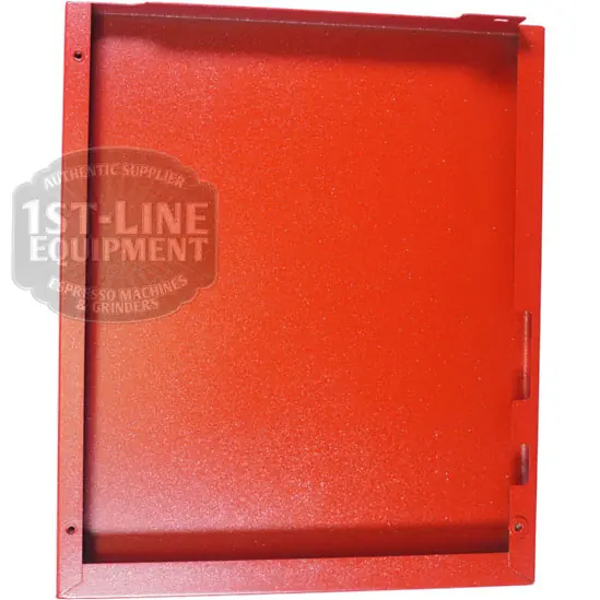 The Torre T02FIA002RP Left Side Panel in Red Passion features a rectangular red metal design with raised edges and a smooth surface, displayed vertically. The 1st-Line Equipment logo is partially visible in the background on the left. © 2025 1st-line.com