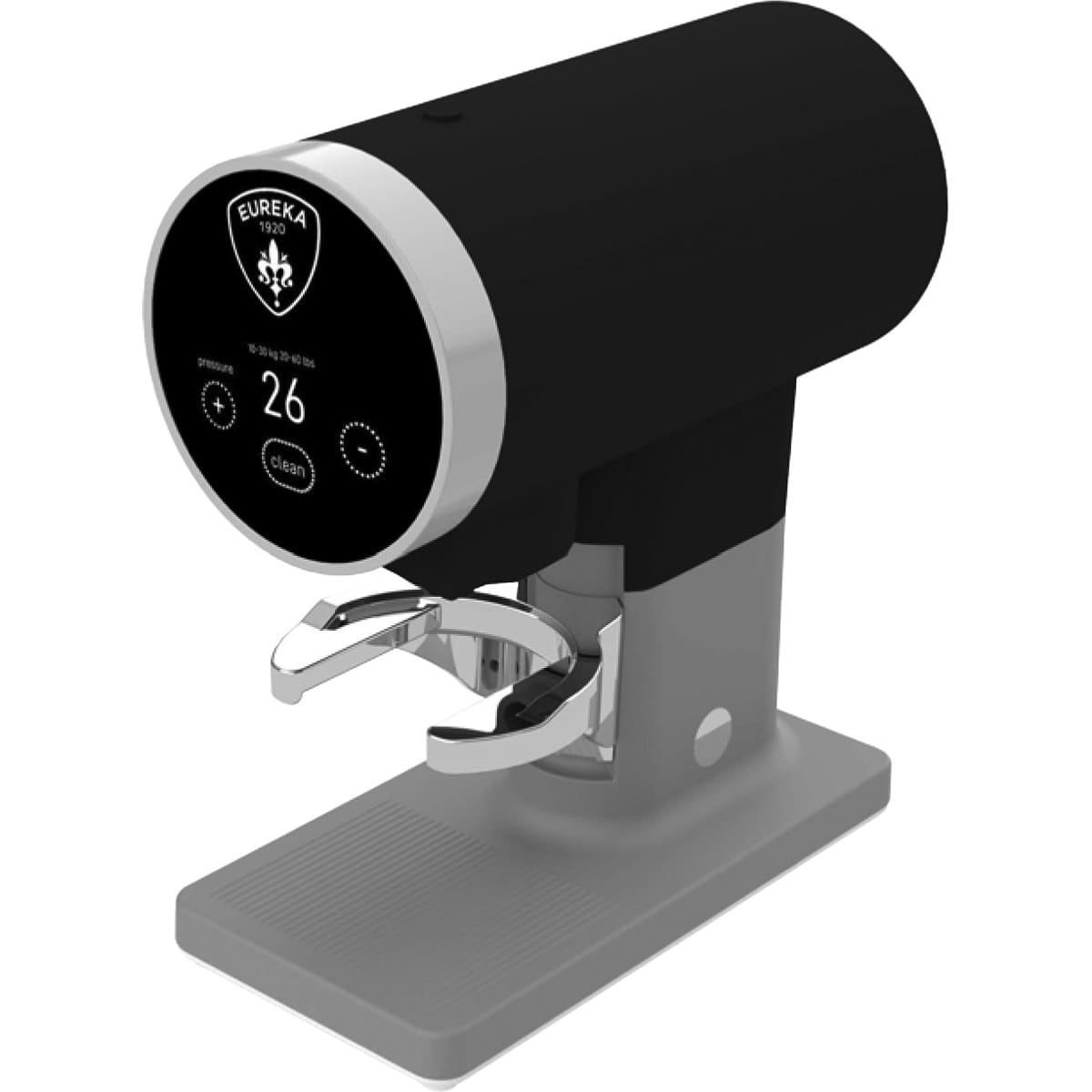 The black and silver Eureka Disko Automatic Tamper, mounted on a gray rectangular base, features a digital display with the Eureka logo plus pressure, dose, and clean indicators for perfect coffee extraction. © 2025 1st-line.com