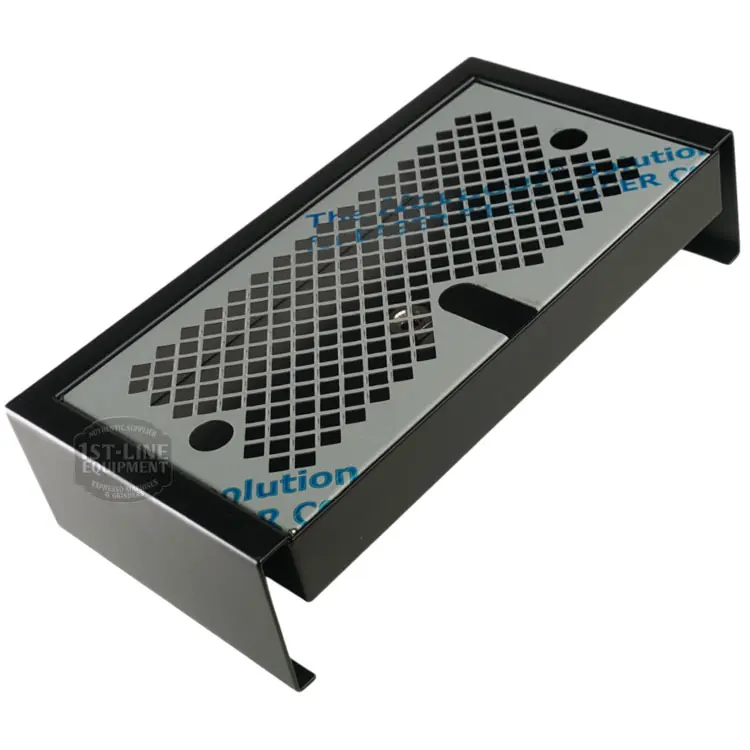 A matte black drip tray with a grid-patterned metal grate and raised edges is shown on a white background. Its angled design makes it perfect for catching spills as part of the Torre KITT02BACNO Matte Black Drip Tray Kit. © 2025 1st-line.com