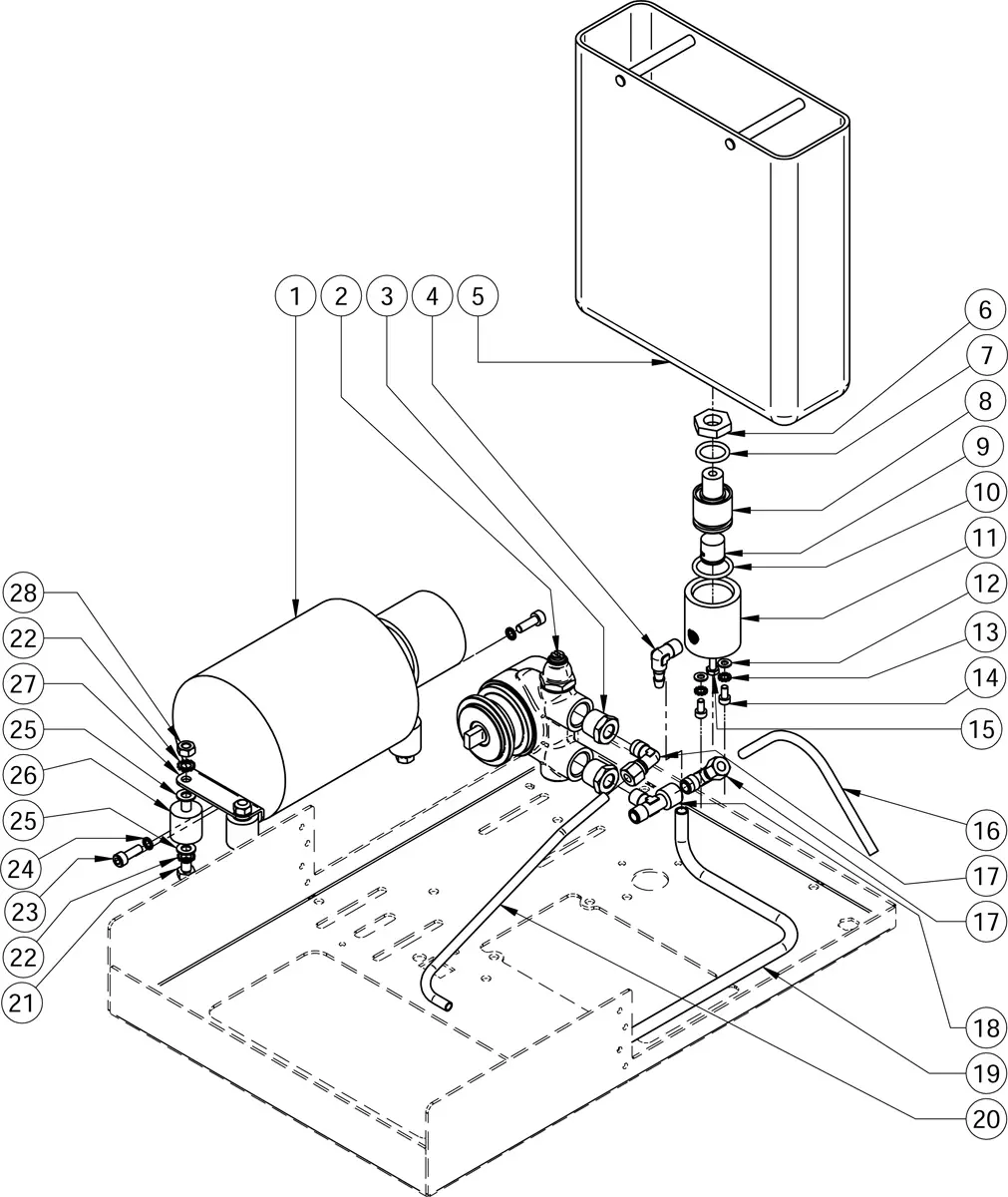 Exploded parts diagram of a mechanical assembly, including a tank, pipes, valves, and various numbered components—each part is labeled and connected by lines to a detailed parts list for Torre Mariuccia. 2025 1st-line.com