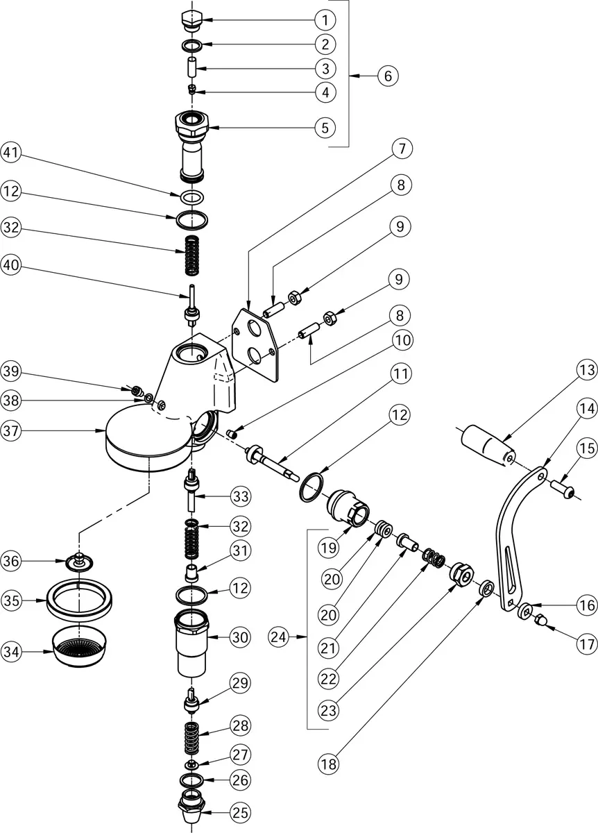 Exploded parts diagram of a mechanical device, showing numbered components like screws, washers, springs, a handle, and mounting hardware—perfect for assembly reference or detailing mechanisms such as those in Torre Mariuccia. 2025 1st-line.com
