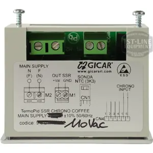 The Torre TERM11002 Thermostat PID 110V for Mariuccia includes terminals, a wiring diagram, and technical labels to ensure precise temperature control in compatible coffee machines. © 2025 1st-line.com