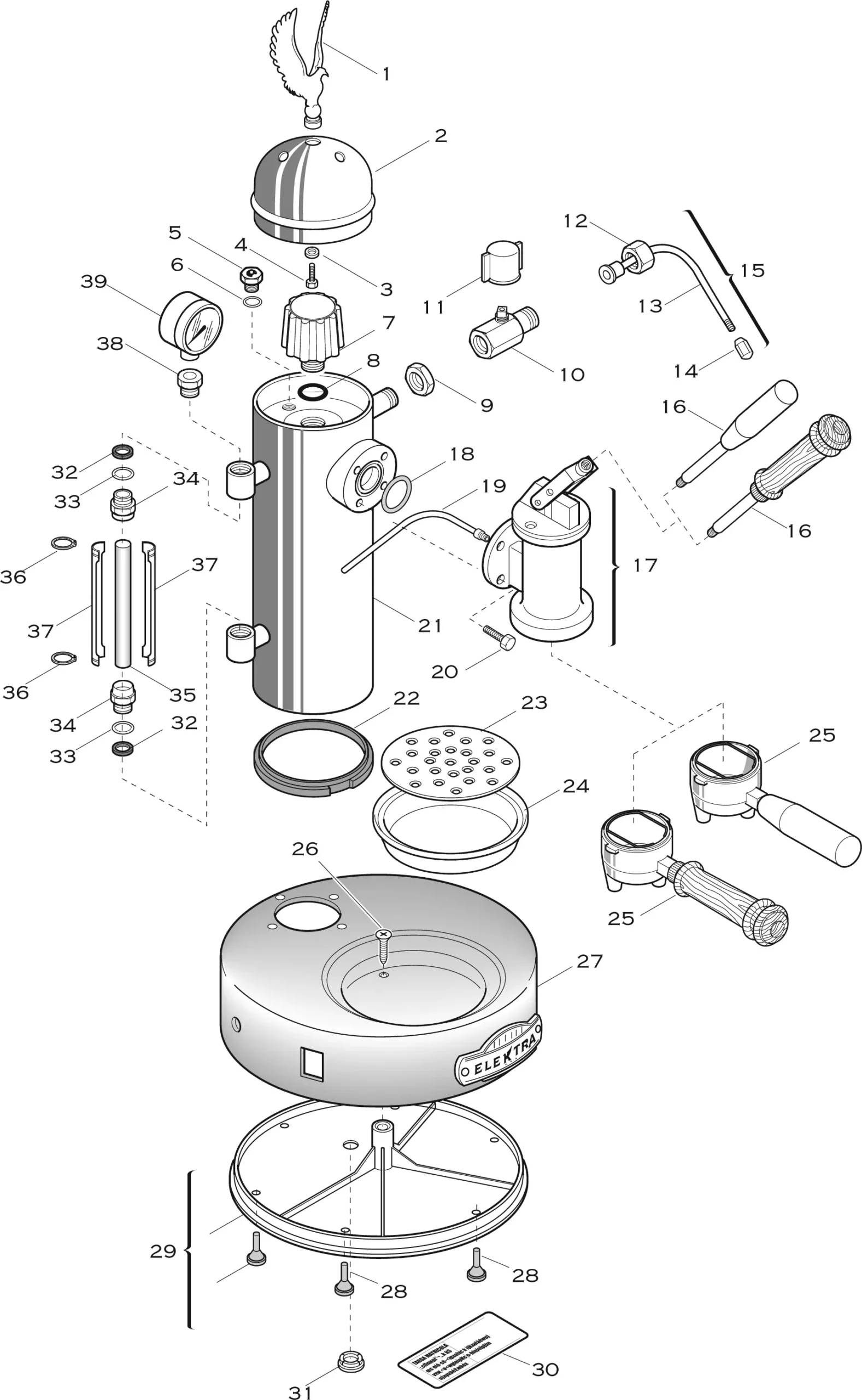 Exploded parts diagram of the Elektra Microcasa Leva (2010-2018) showing labeled screws, handles, rods, heating element, drip tray, and casing with internal and external components arranged in assembly order.