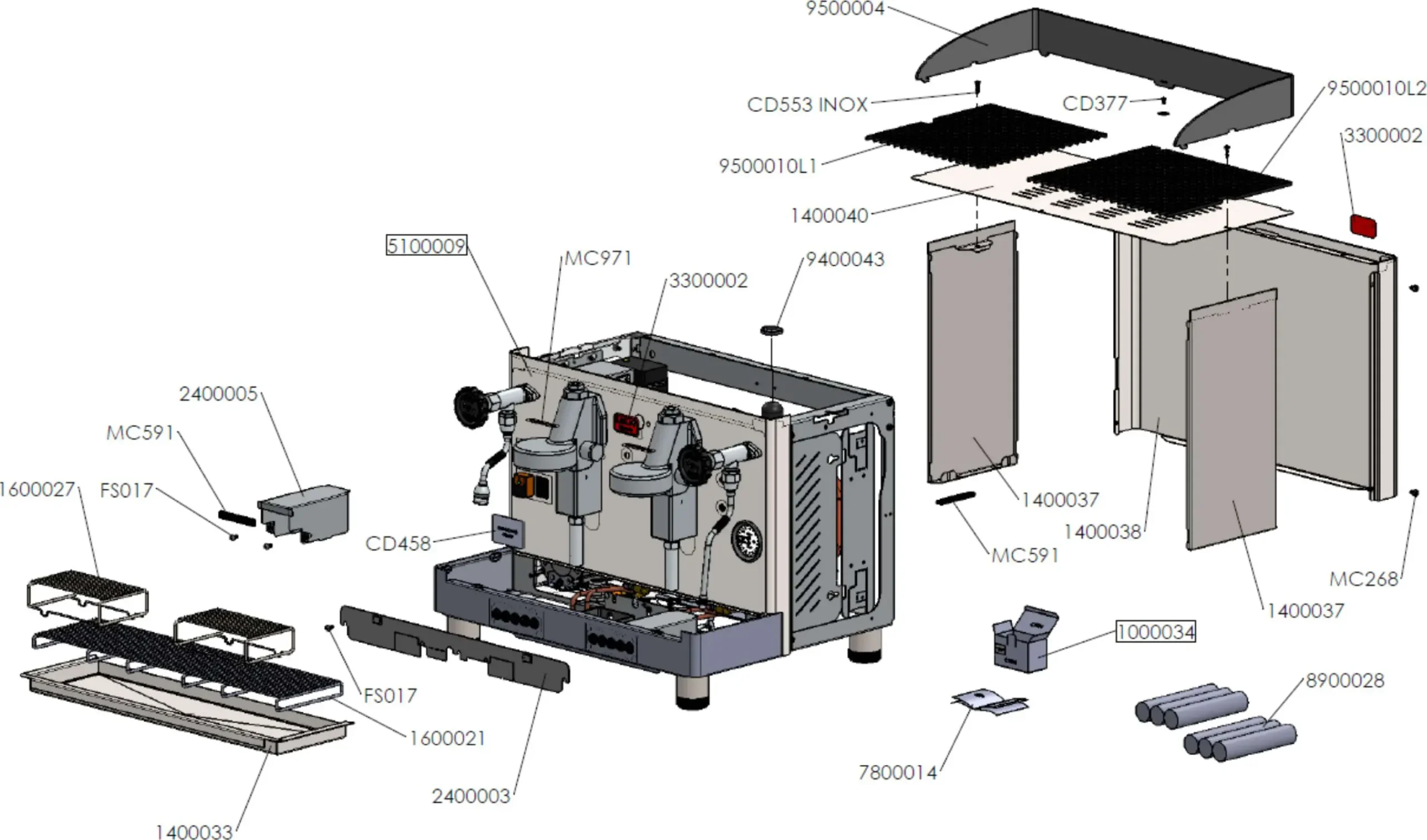 Exploded parts diagram of the Lelit PL2SVH Giulietta coffee machine, with labeled panels, filters, knobs, hoses, and internal components—each marked by part numbers for easy assembly or identification.