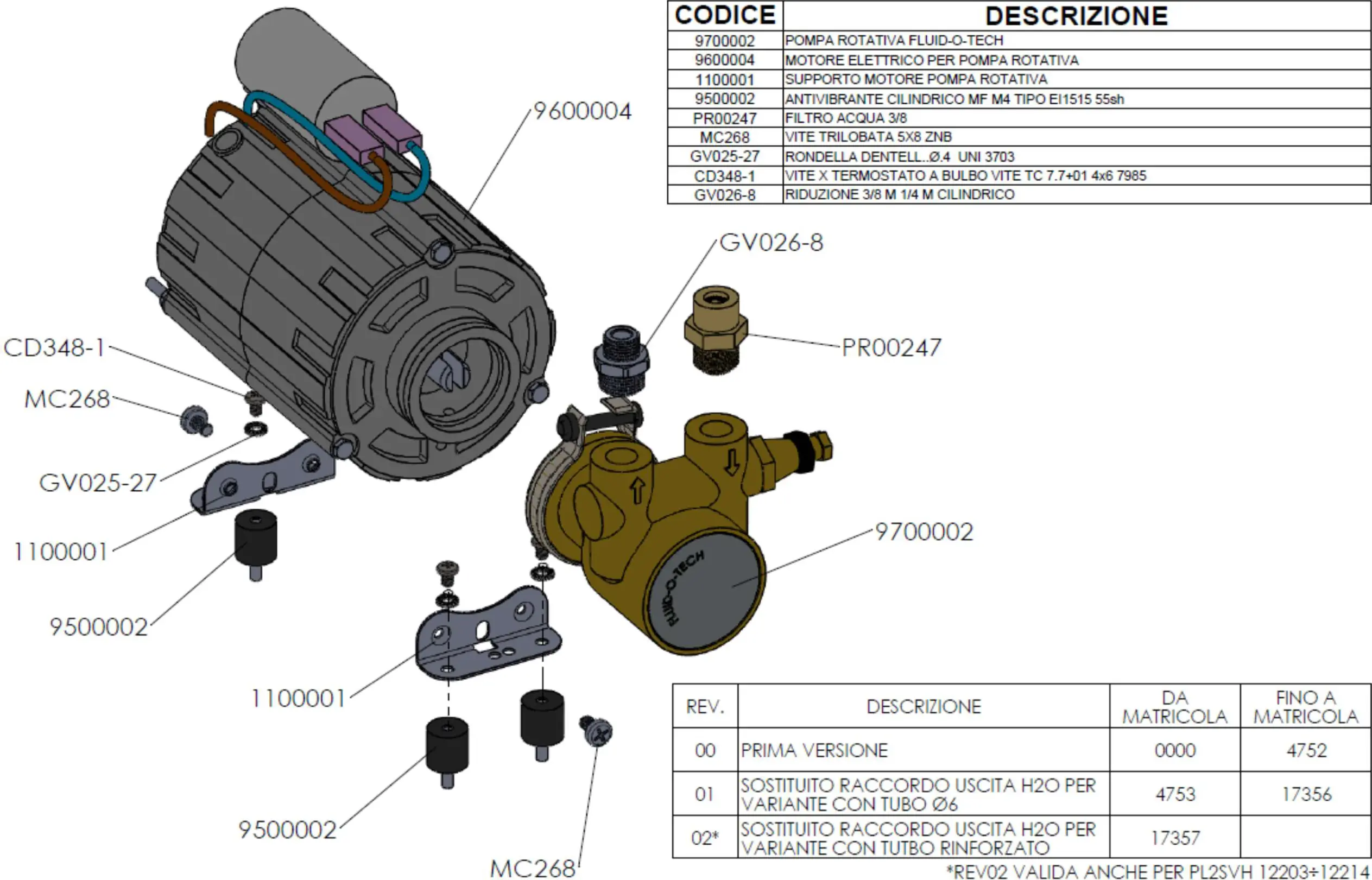 Exploded Parts Diagram showing a Lelit PL2SVH Giulietta pump motor assembly with labeled components, such as the motor, pump, brackets, screws, and connectors. A detailed parts list with codes and descriptions appears in the top right corner.