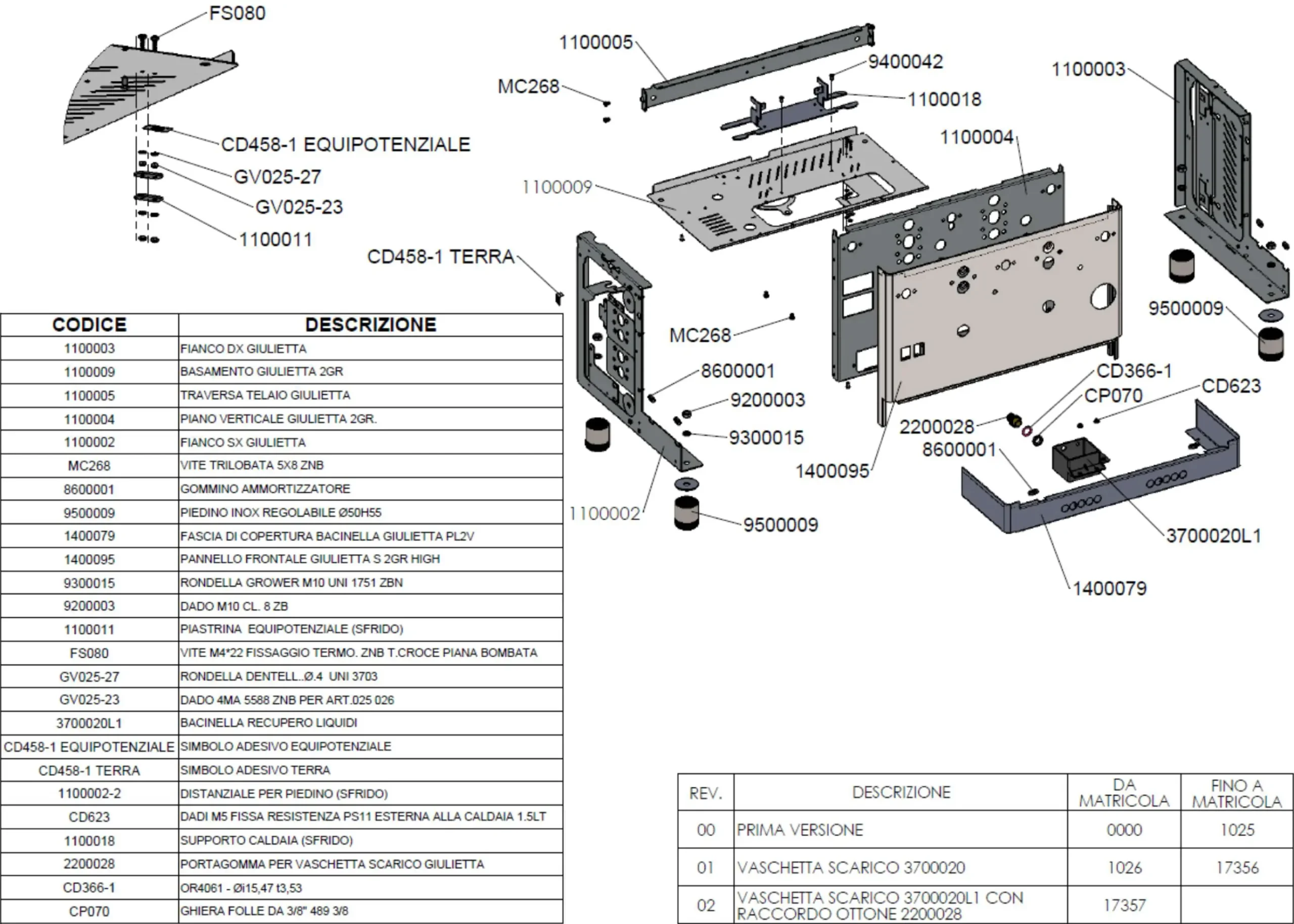 Exploded technical parts diagram of the Lelit PL2SVH Giulietta mechanical device, featuring numbered parts, labels, and an itemized list below detailing codes, descriptions, and revision history for assembly or repair reference.