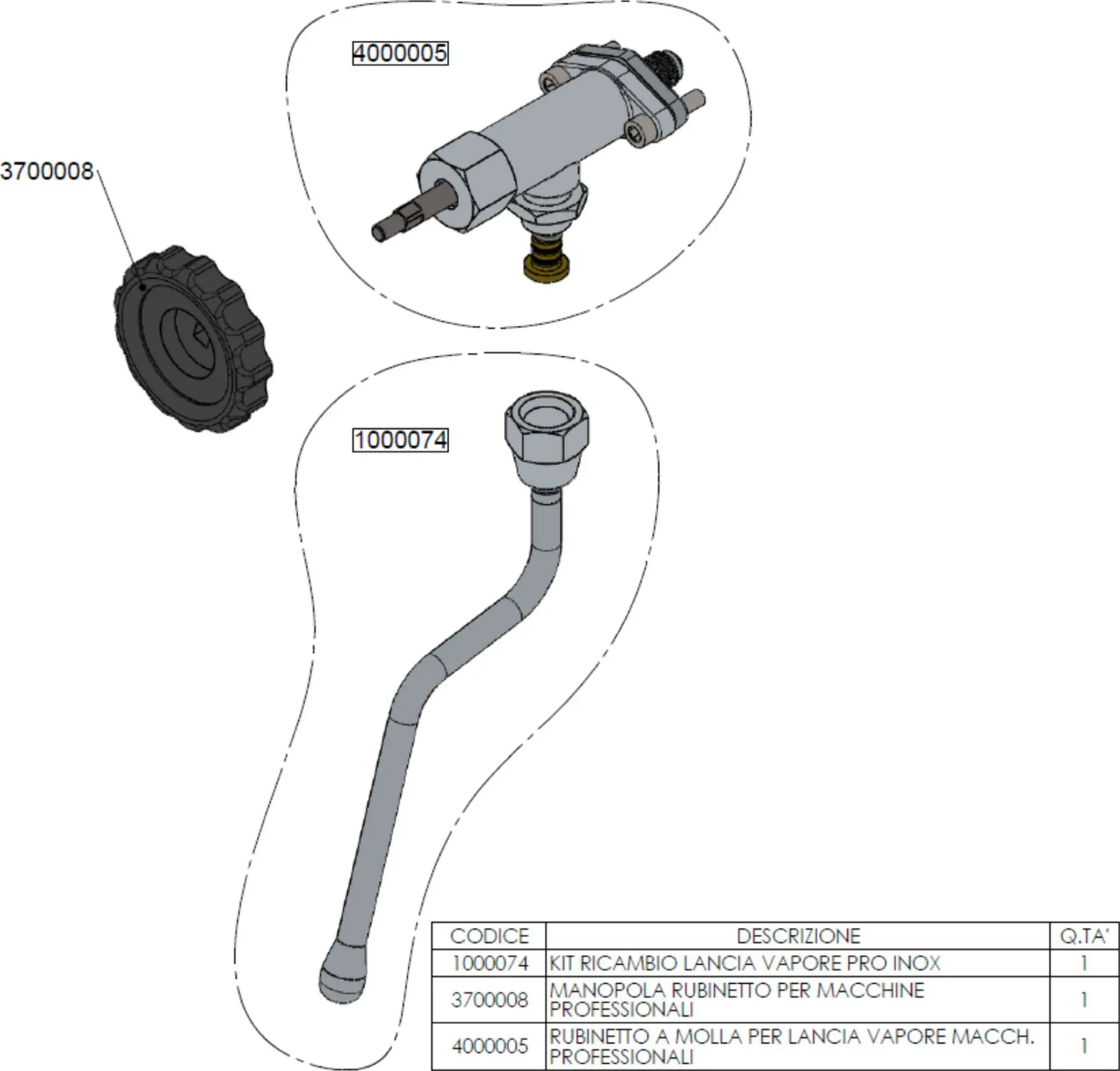 Exploded Parts Diagram for the Lelit PL2SVH Giulietta espresso machine shows three components with reference numbers: a black knob (3700008), steam wand (1000074), and valve assembly (4000005). Table lists codes, descriptions, and quantities.