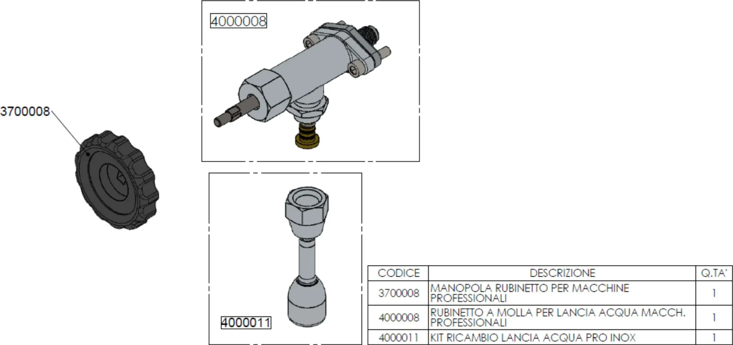 Technical illustration for Lelit PL2SVH Giulietta: three labeled parts—a round knob (3700008), valve mechanism (4000008), and nozzle attachment (4000011). Includes a Parts Diagram table with codes, descriptions, and quantities.