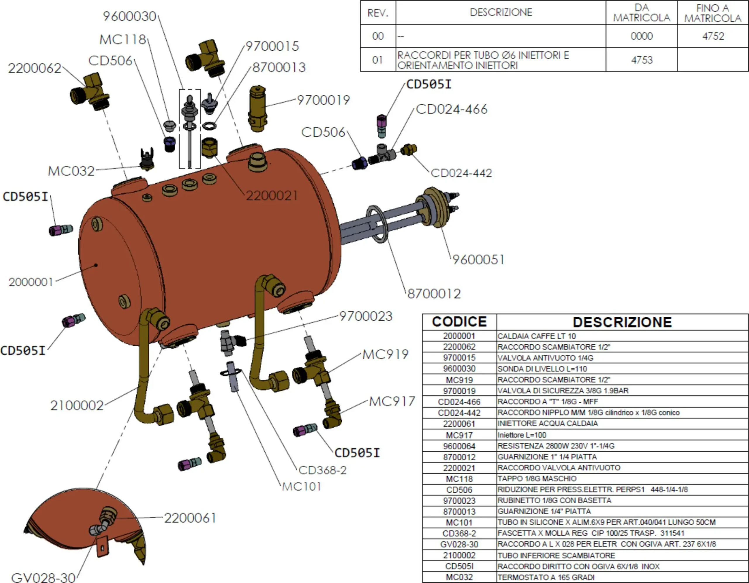 Exploded technical parts diagram of a Giulietta cylindrical tank assembly with labeled bolts and components. A parts list and description table appears on the right, with codes matching the diagrams' numbered callouts.
