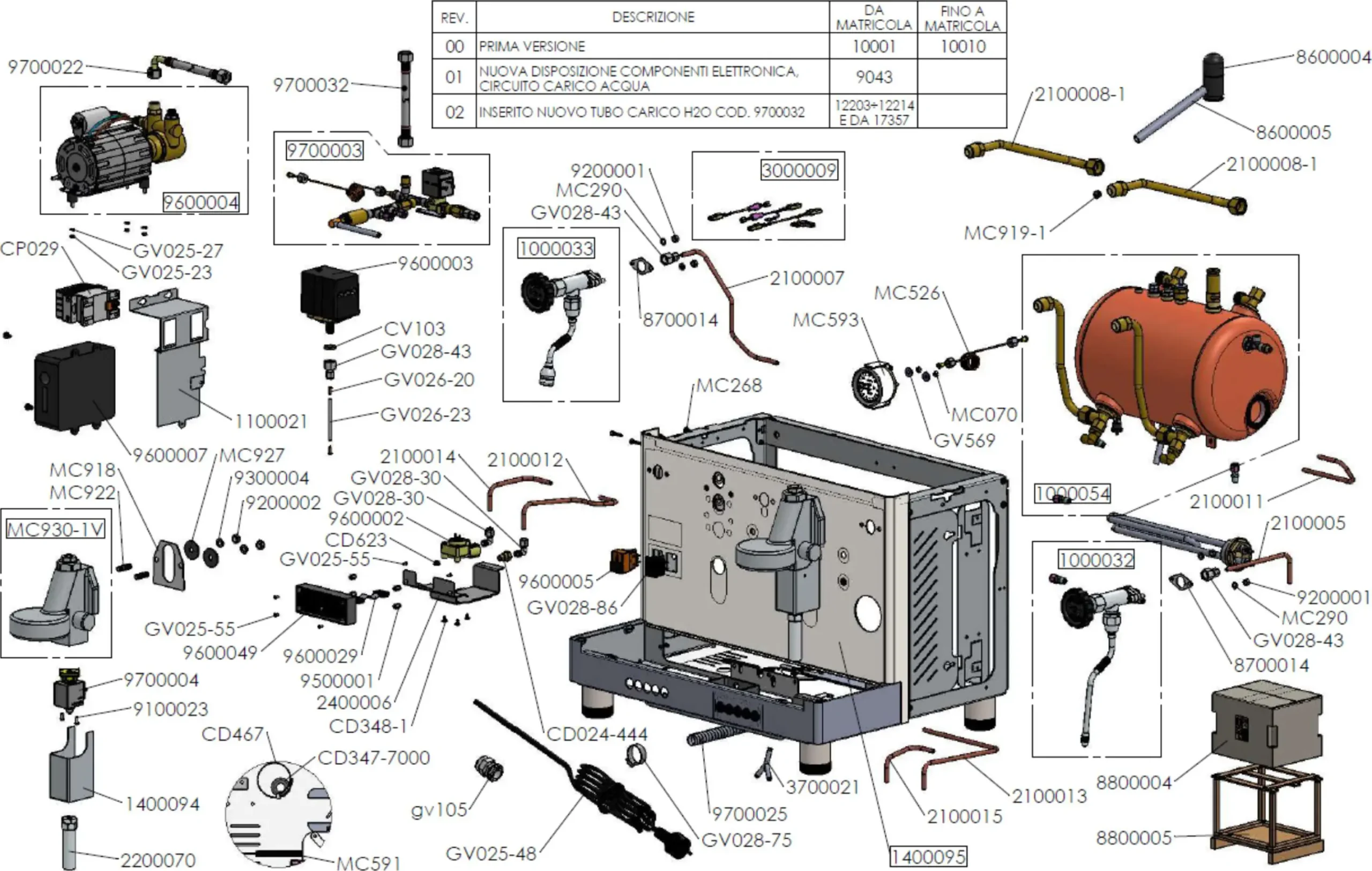 Exploded Parts Diagram of the Lelit PL2SVH Giulietta coffee machine, showing labeled components like the water tank, pipes, electrical parts, boiler, knobs, and screws with part numbers and detailed descriptions.