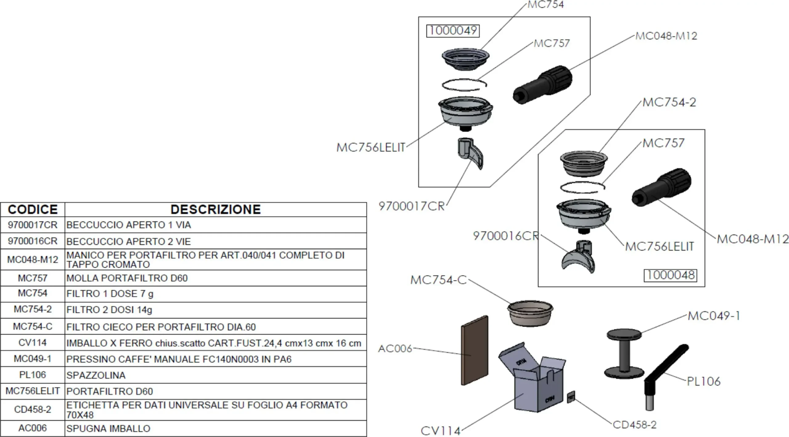 Exploded parts diagram of a Giulietta or Lelit PL2SVH coffee machine portafilter assembly with labeled spouts, handle, basket, brush, tamper, packaging, and a detailed parts list with codes and descriptions.