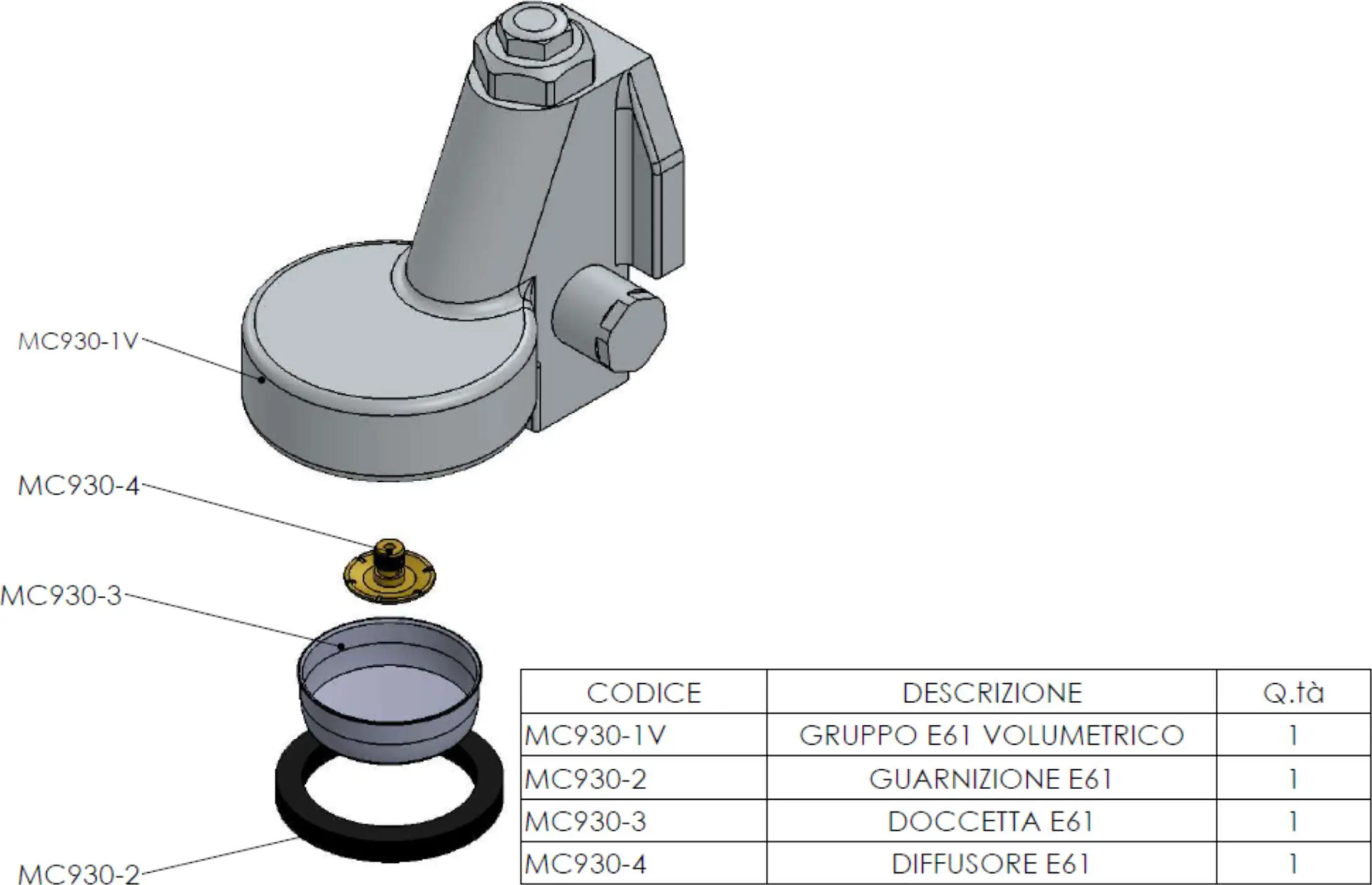 Exploded view Parts Diagram of four Giulietta espresso machine parts labeled MC930-1V, MC930-2, MC930-3, and MC930-4, with a table listing their codes, descriptions, and quantities for the Lelit PL2SVH model.
