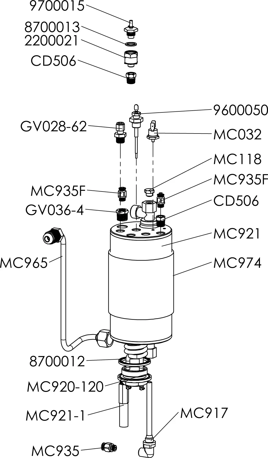 Line drawing parts diagram of a cylindrical mechanical assembly from the Lelit PL62T Mara PID, with multiple components—screws, valves, connectors—labeled by alphanumeric codes and arrows pointing to each part.