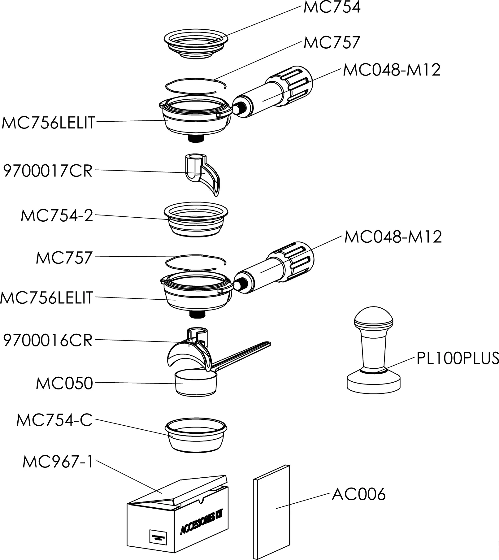 Line drawing of espresso machine accessories, including portafilters, baskets, a tamper (PL100PLUS), cleaning tools, and a box labeled MCG032SET. Each item is labeled with a unique part number—perfect for Lelit PL62T Parts Diagram or Mara PID users.