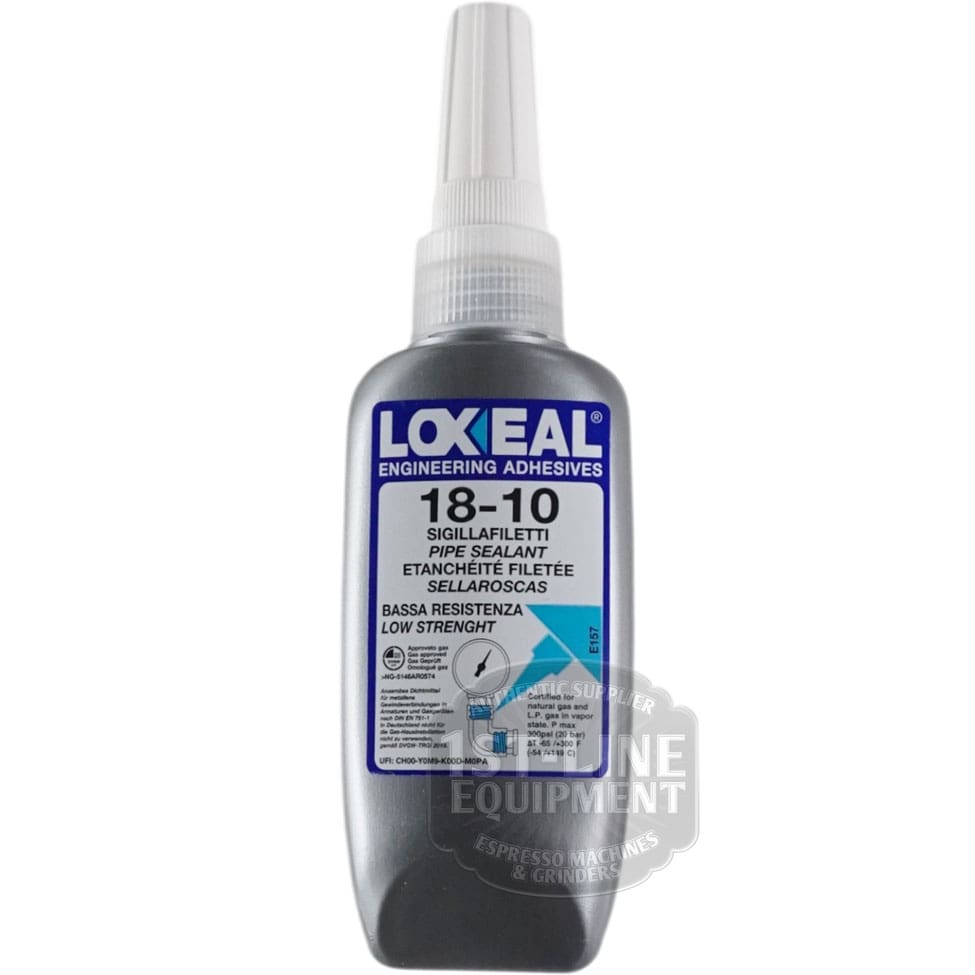 A 50 ml Loxeal 18-10 Threadlock comes in a bottle with a white cap and blue label featuring multilingual product info, ideal for securing threads.