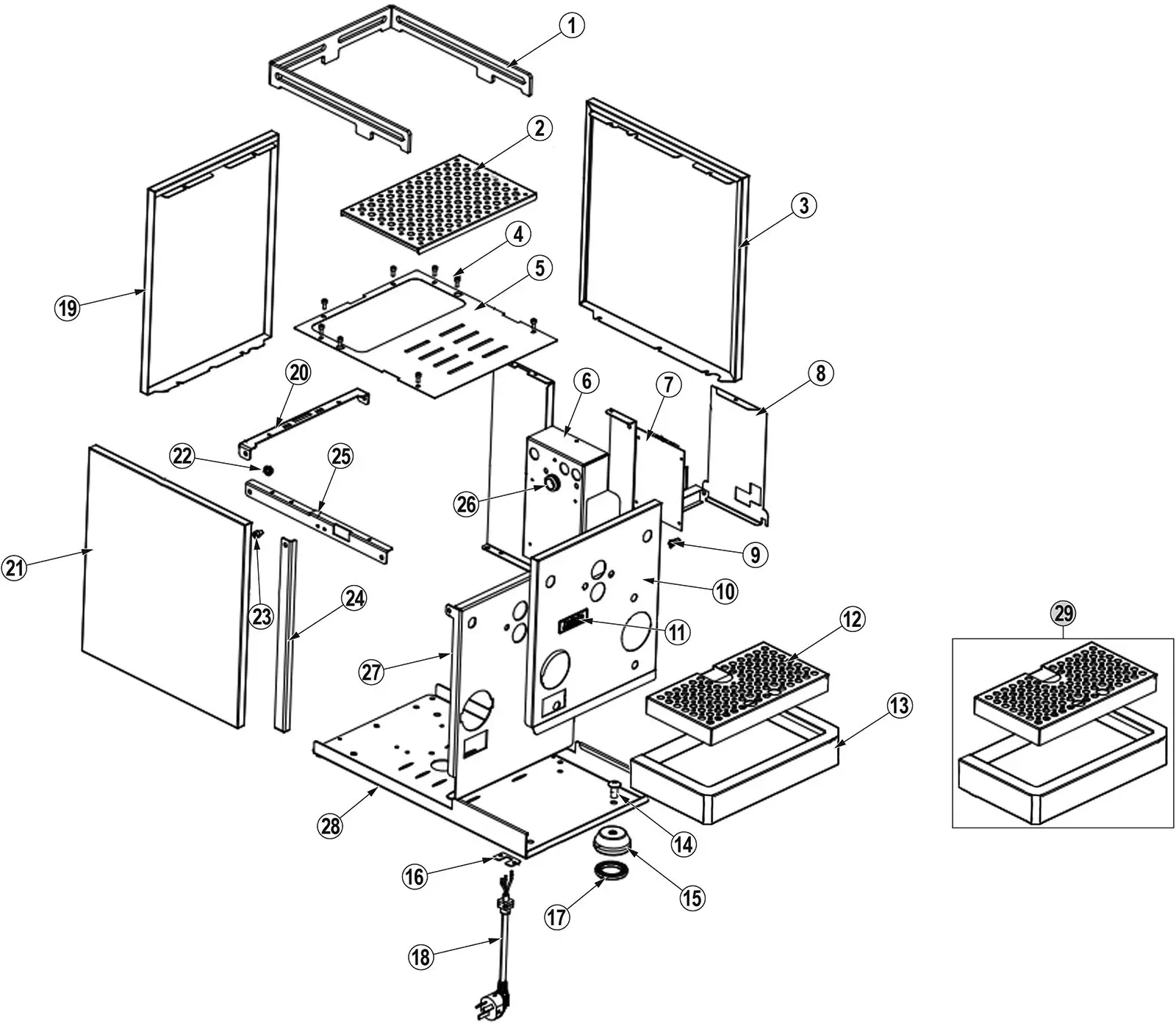 Exploded Parts Diagram of the Bellezza Inizio electronic device showing 29 numbered components, including panels, circuit boards, screws, wiring, and structural frames, with a detailed inset view of items 28 and 29 on the right.