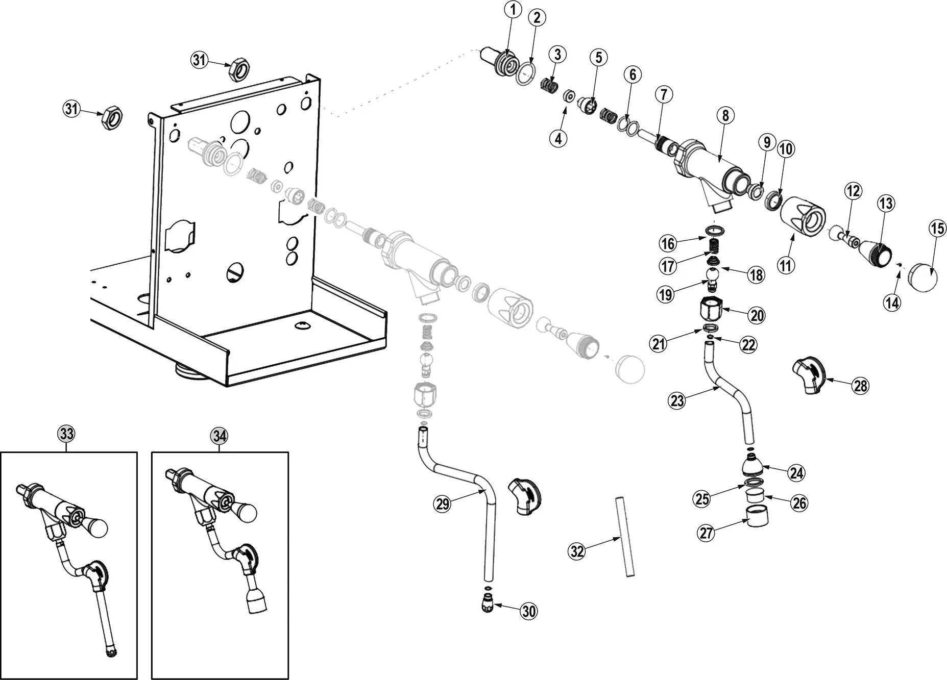 Black-and-white technical Parts Diagram showing an exploded view of a Bellezza Inizio wall-mounted faucet assembly with numbered parts, mounting plate, pipes, handles, and two detailed insets of the faucet from different angles.