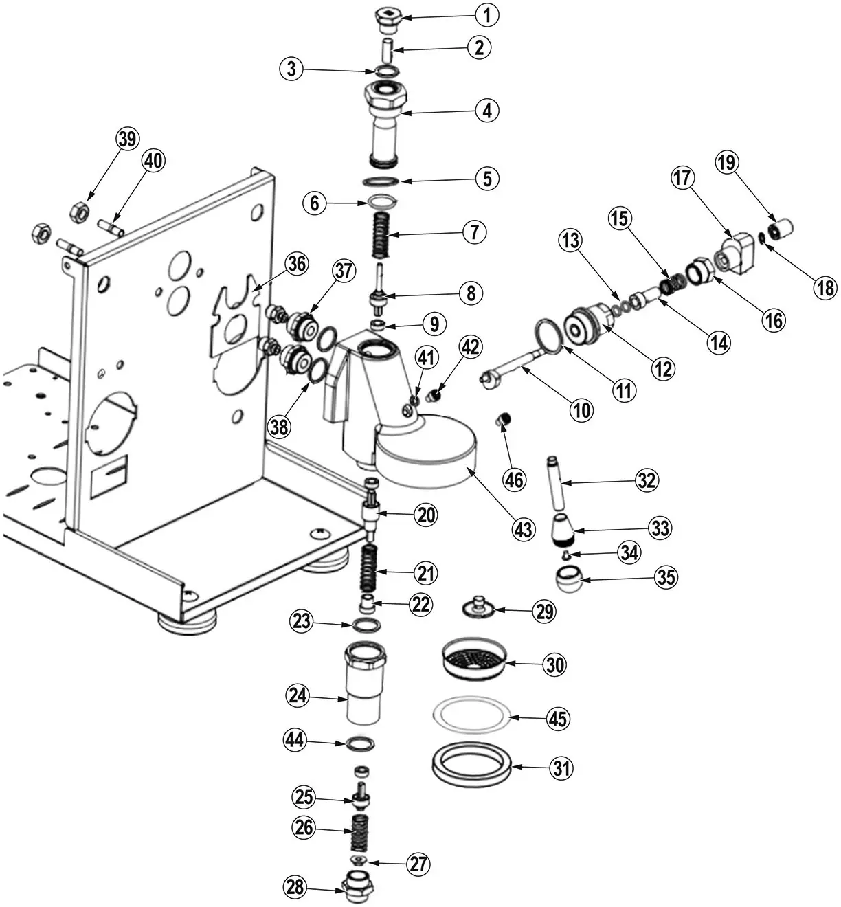 Exploded parts diagram of a Bellezza Inizio mechanical assembly showing individual components such as screws, washers, springs, and metal parts, all labeled with numbers and arranged in a detailed, organized layout.