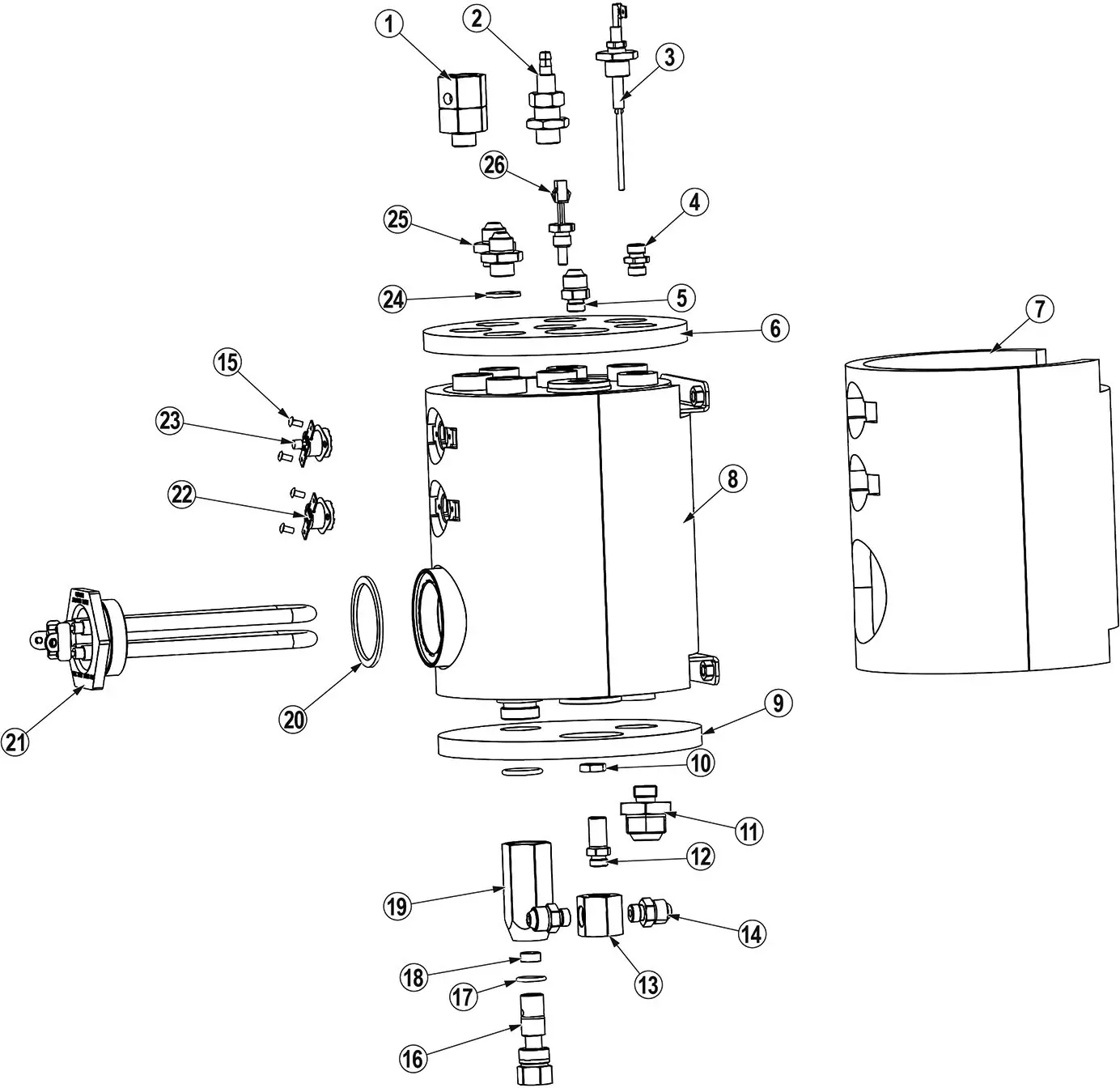 Exploded Parts Diagram of a cylindrical mechanical component, such as the Bellezza Inizio, with numbered bolts, washers, O-rings, electrical connectors, cover, heating element, and fittings clearly arranged to show assembly order.