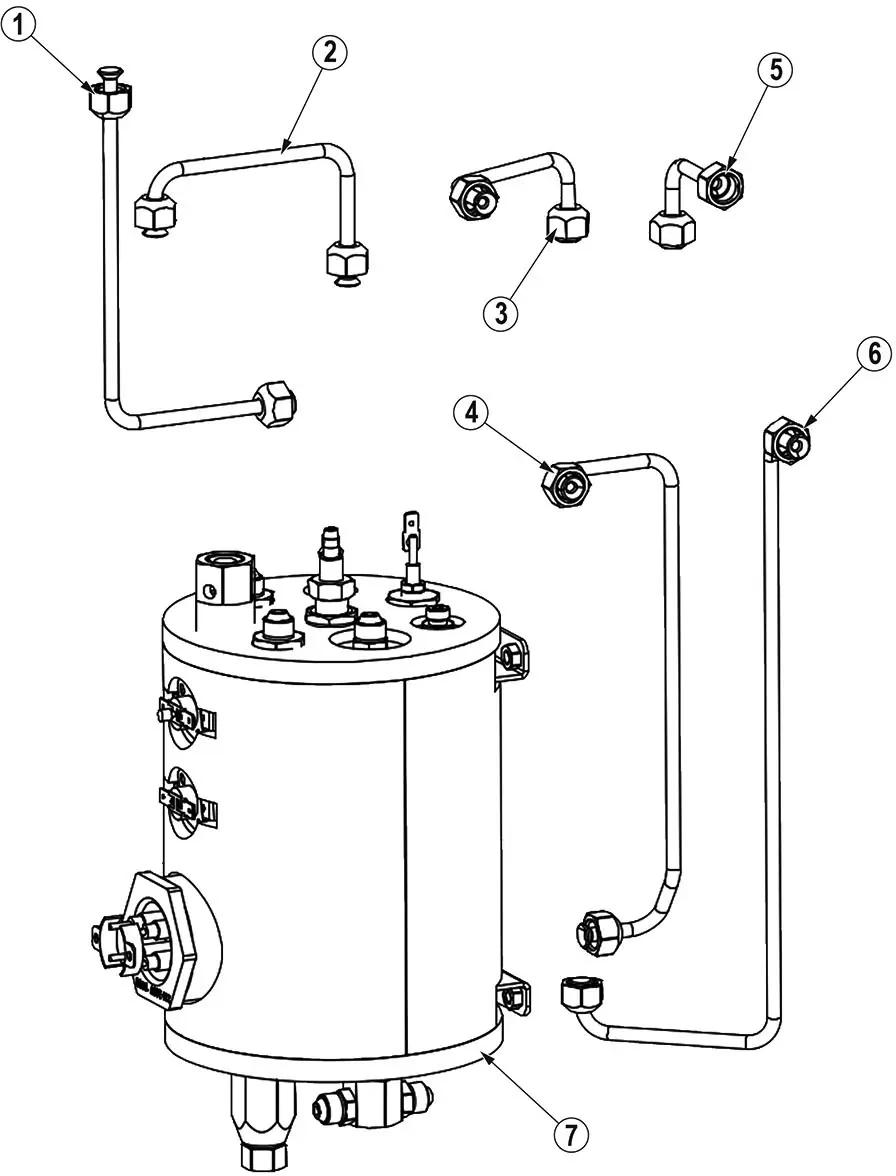 Line drawing of a cylindrical mechanical component—such as found in a Bellezza Inizio—shows seven labeled parts, including various bent pipes, connectors, and fittings arranged around the main body for easy assembly identification in a parts diagram.