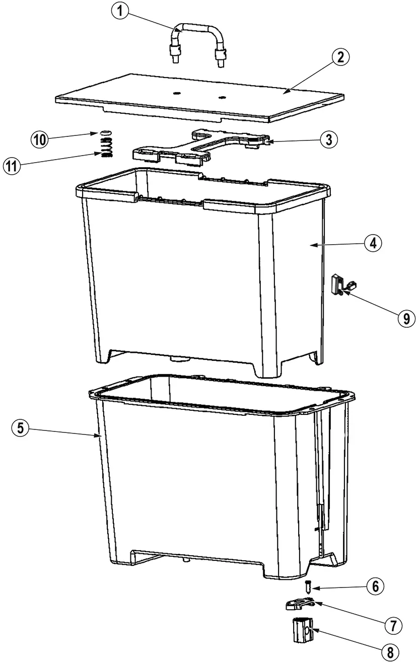 Parts Diagram of a rectangular container with lid, handle, inner tray, Bellezza Inizio stacking bins, small components, and attachment points—clearly showing assembly order and part positions.