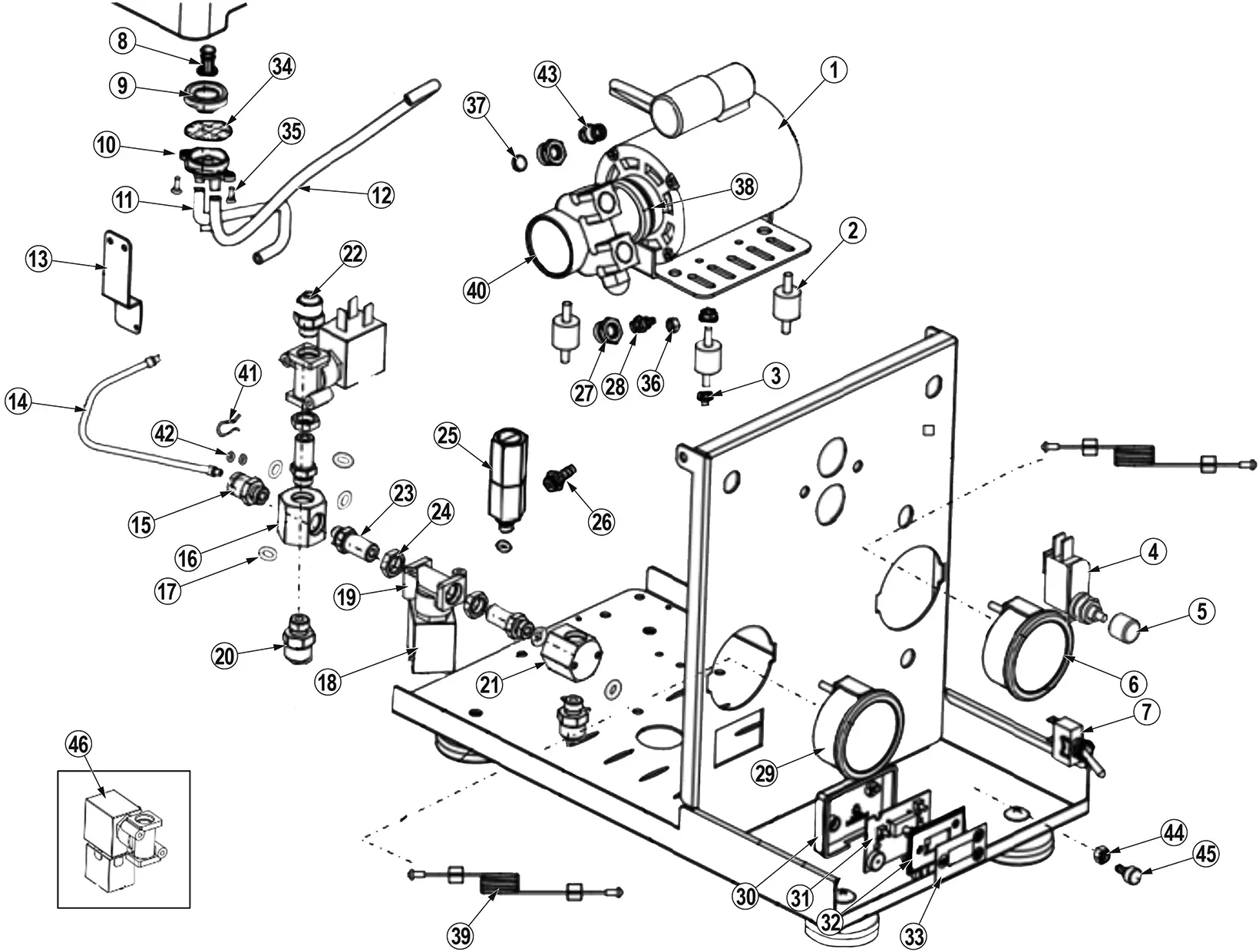 Exploded Parts Diagram of a mechanical device, including a base plate, gears, motor, rods, and electrical parts—showing how Bellezza Inizio components fit together for easy assembly or repair.