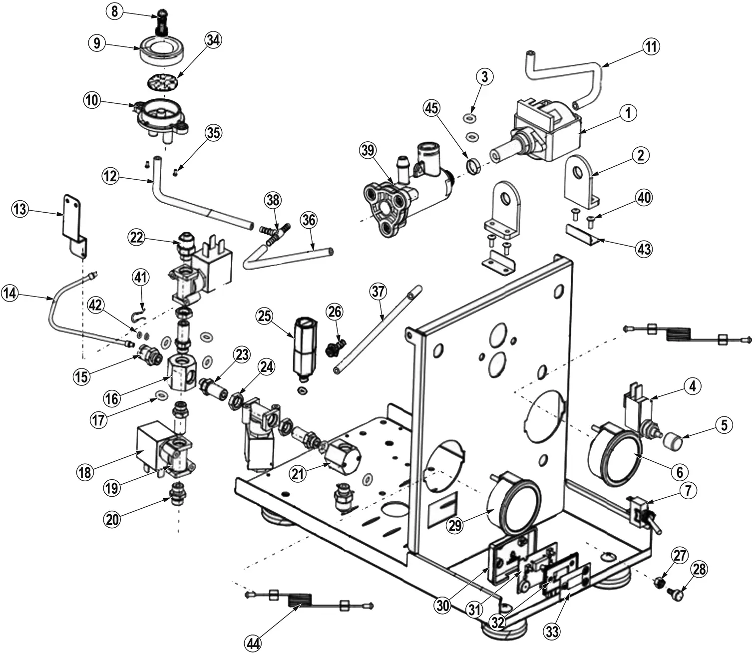 Exploded Parts Diagram of mechanical components for Bellezza Inizio, including gears, brackets, screws, and a base plate. Each item is labeled with numbers for easy assembly reference.