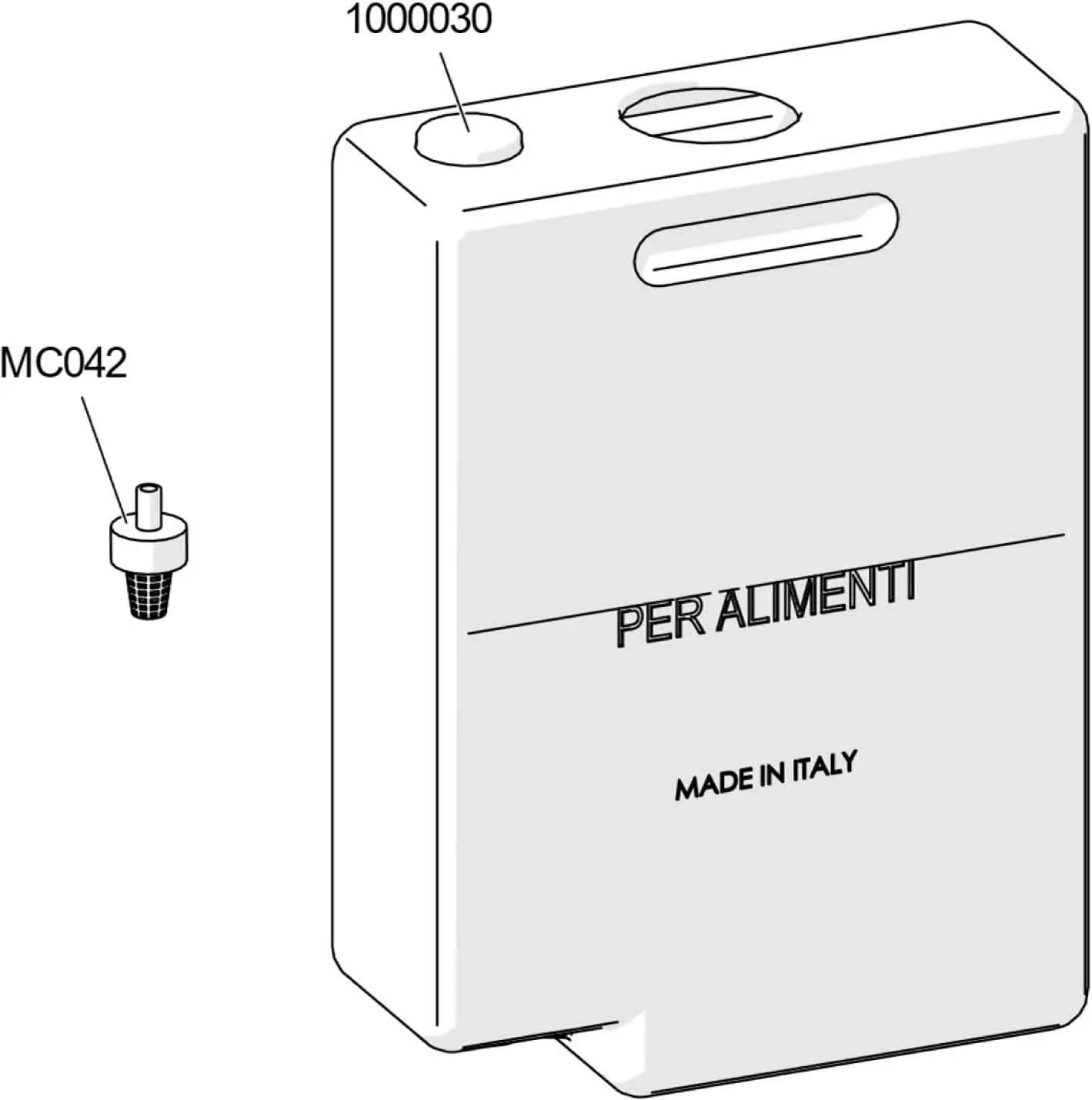 Black and white line drawing of a rectangular container labeled PER ALIMENTI and MADE IN ITALY, featuring two top openings (labeled 1000030) and a smaller part labeled MC042, shown as part of the Lelit PL92T Elizabeth V3 parts diagram. 2025 1st-line.com