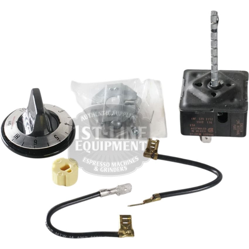 The Robertshaw 5500-134 Commercial Infinite Switch w/ Black Dial 120V includes a numbered black dial knob, square timer mechanism (120V), mounting hardware, wiring harness, and yellow connector for easy assembly.