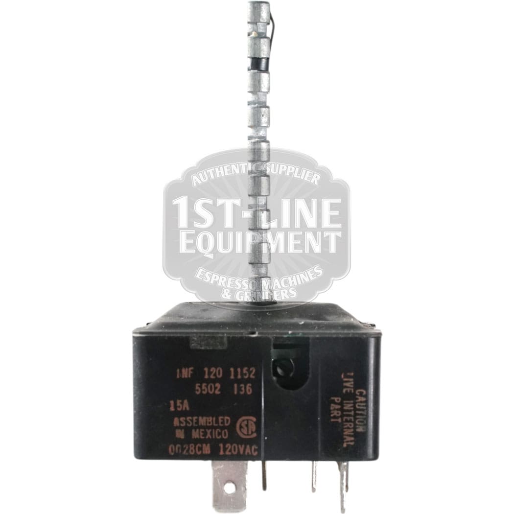 The Robertshaw 5500-134 Commercial Infinite Switch w/ Black Dial 120V features four metal prongs, a flexible metal shaft on top, and white printed specs and safety warnings displayed on the front.
