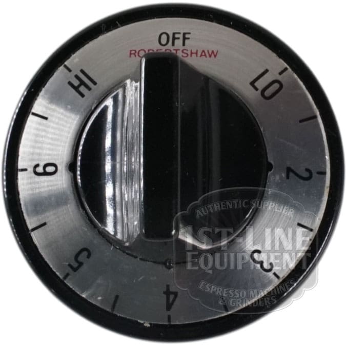 A close-up of the Robertshaw 5500-134 Commercial Infinite Switch with a black dial showing OFF, LO, HI, numbers 1–4, and the Robertshaw brand—120V commercial oven control.