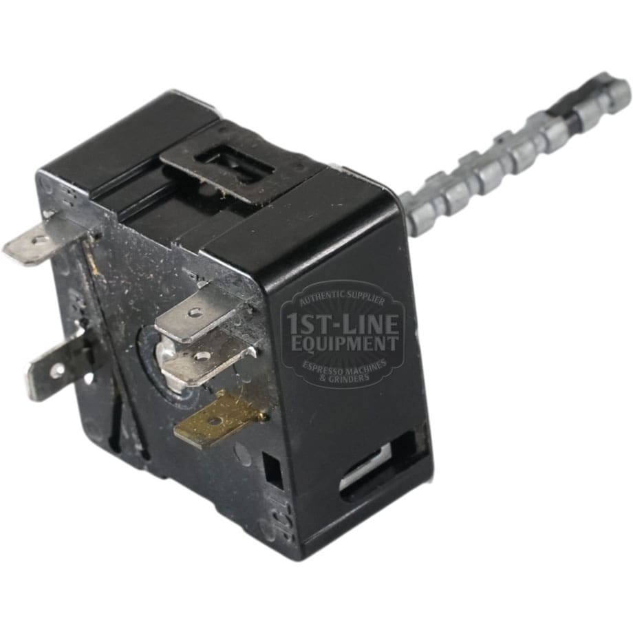 The Robertshaw 5500-134 Commercial Infinite Switch w/ Black Dial 120V is a black, rectangular switch with metal prongs and a long, ribbed metal shaft. The surface displays 120V labels and the 1st-Line Equipment logo.