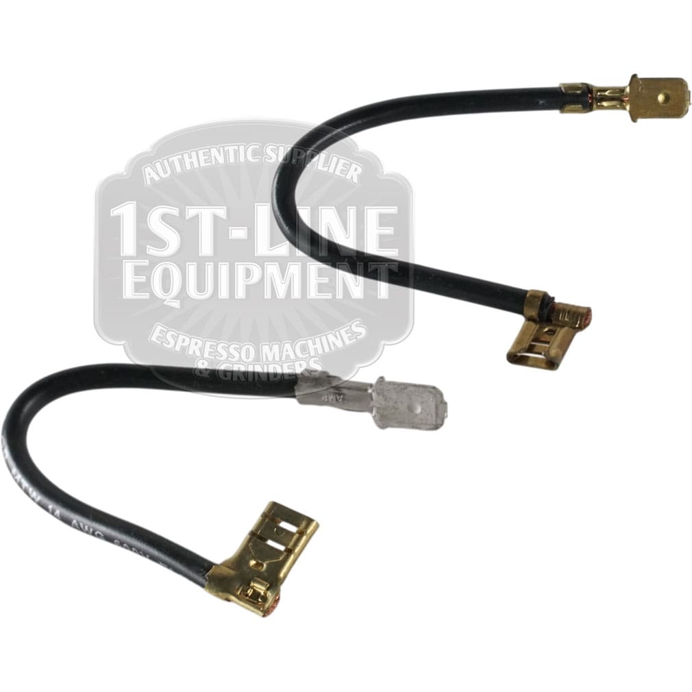 Two black wires with brass connectors and a clear fuse, curved on a white background. Designed for use with the Robertshaw 5500-134 Commercial Infinite Switch w/ Black Dial 120V. The 1st-Line Equipment watermark is behind the wires.