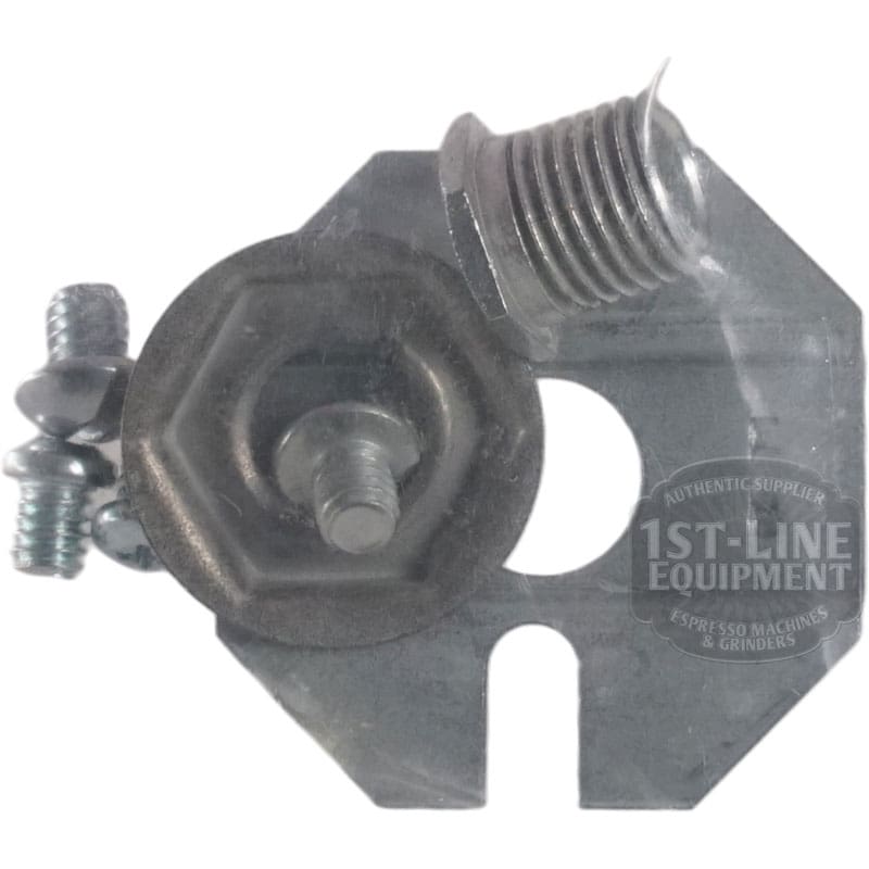 A metal clamp with multiple screws and a hex bolt is attached to a flat plate with a circular cutout. The 1st-Line Equipment branded plate fits the Robertshaw 5500-134 Commercial Infinite Switch with Black Dial, 120V.