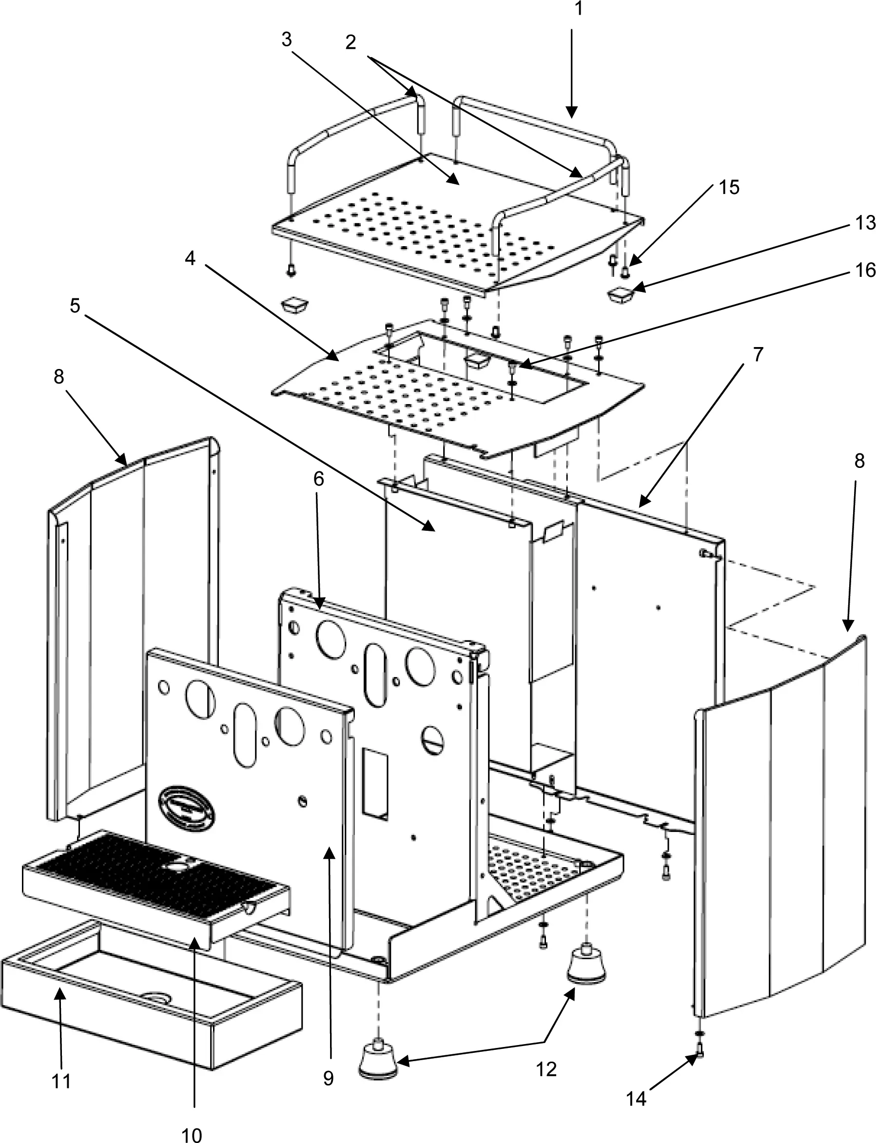 Exploded parts diagram of an ECM Barista metal enclosure, showing individual panels, screws, base, drawers, top shelf, and feet—all labeled with numbers and arrows indicating assembly order and placement of each component.