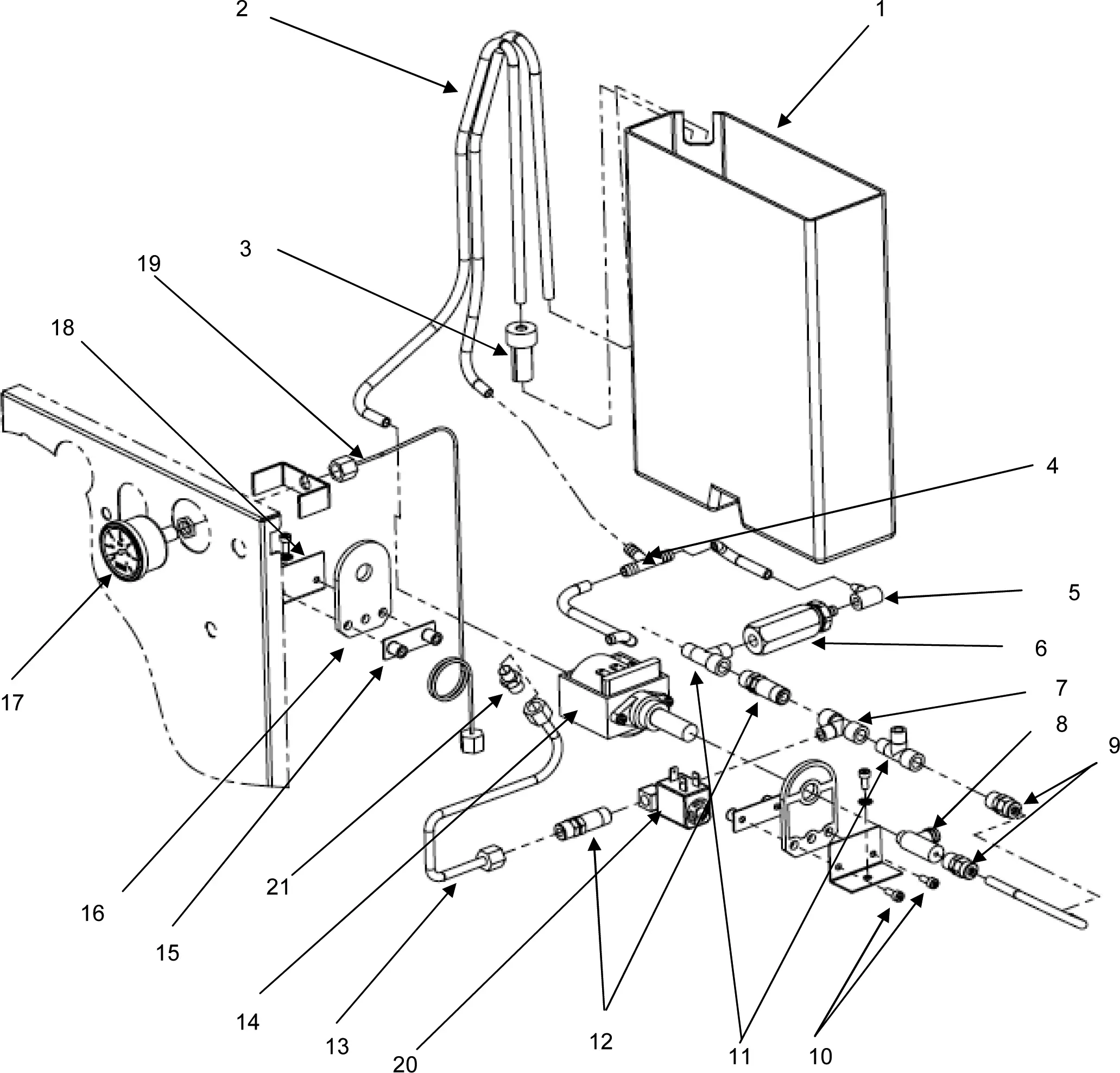 Line drawing of an ECM Barista mechanical assembly Parts Diagram with numbered components, visible pipes, connectors, a large rectangular tank, pressure gauges, valves, and brackets. Exploded view with arrows clearly labels each part.