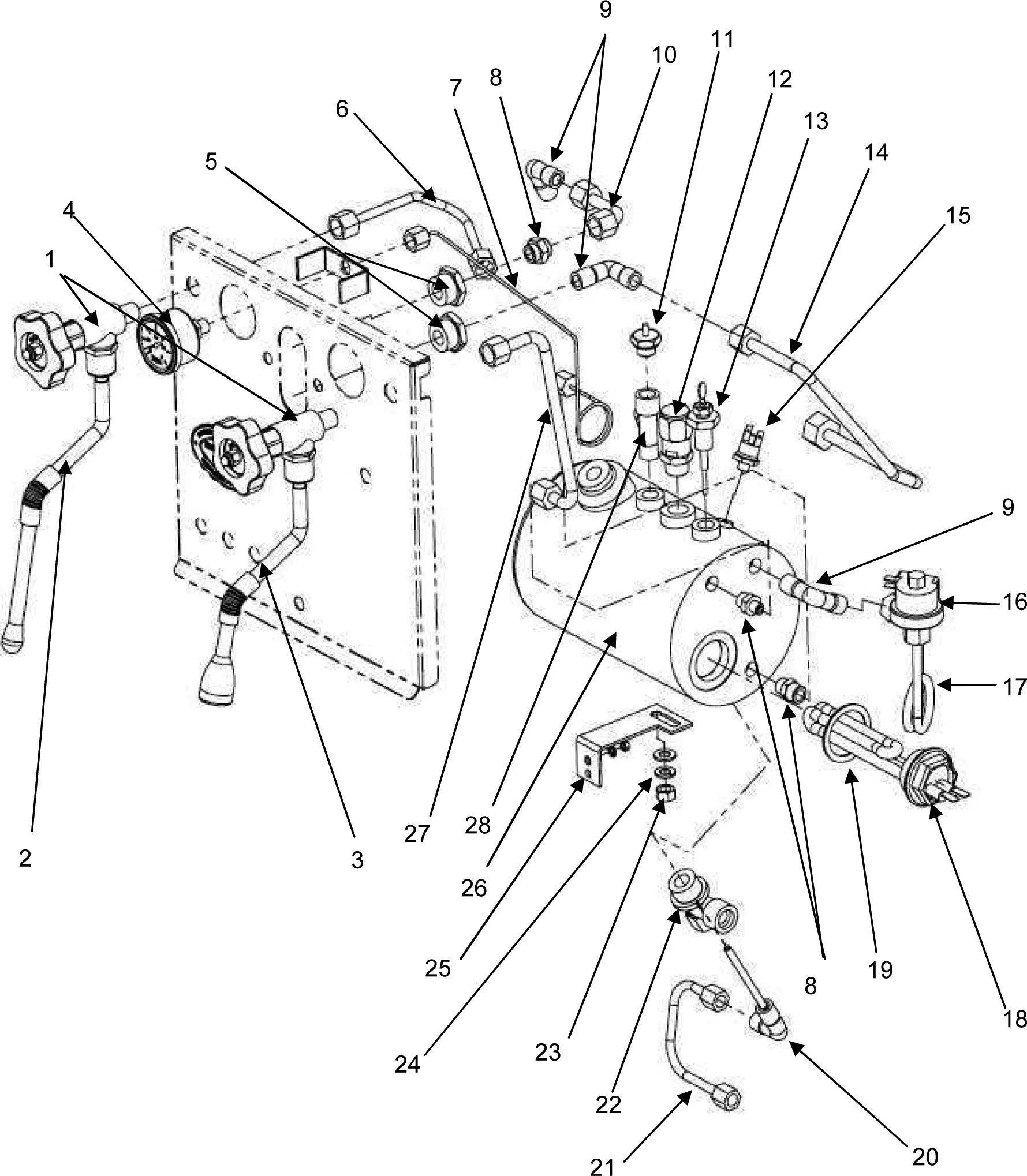 Labeled Parts Diagram of a mechanical assembly, including ECM Barista components such as levers, valves, pipes, brackets, and fasteners mounted on a plate—each part clearly identified by arrows and numbers for reference.