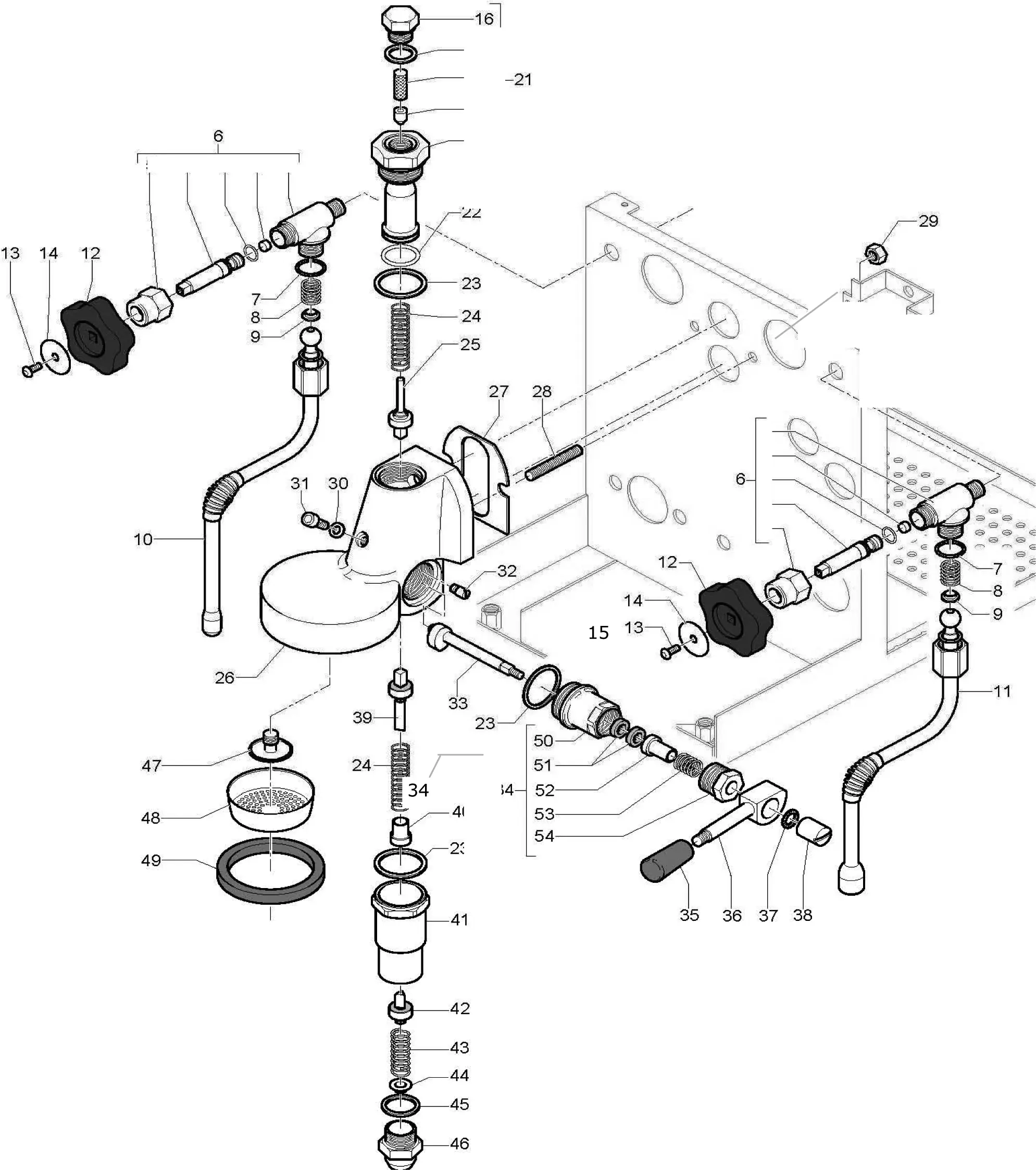 Exploded ECM Barista parts diagram of a mechanical faucet assembly, showing labeled components—handles, screws, washers, valves, hoses, and mounting hardware—with lines indicating how everything fits together.