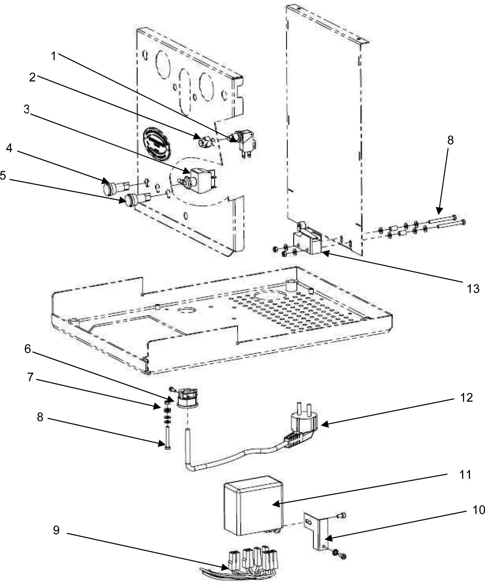 Exploded parts diagram of an ECM Barista electronic device showing labeled front panel, control knobs, connectors, cables, internal components, and assembly screws. Arrows and numbers indicate each component’s position and relation.