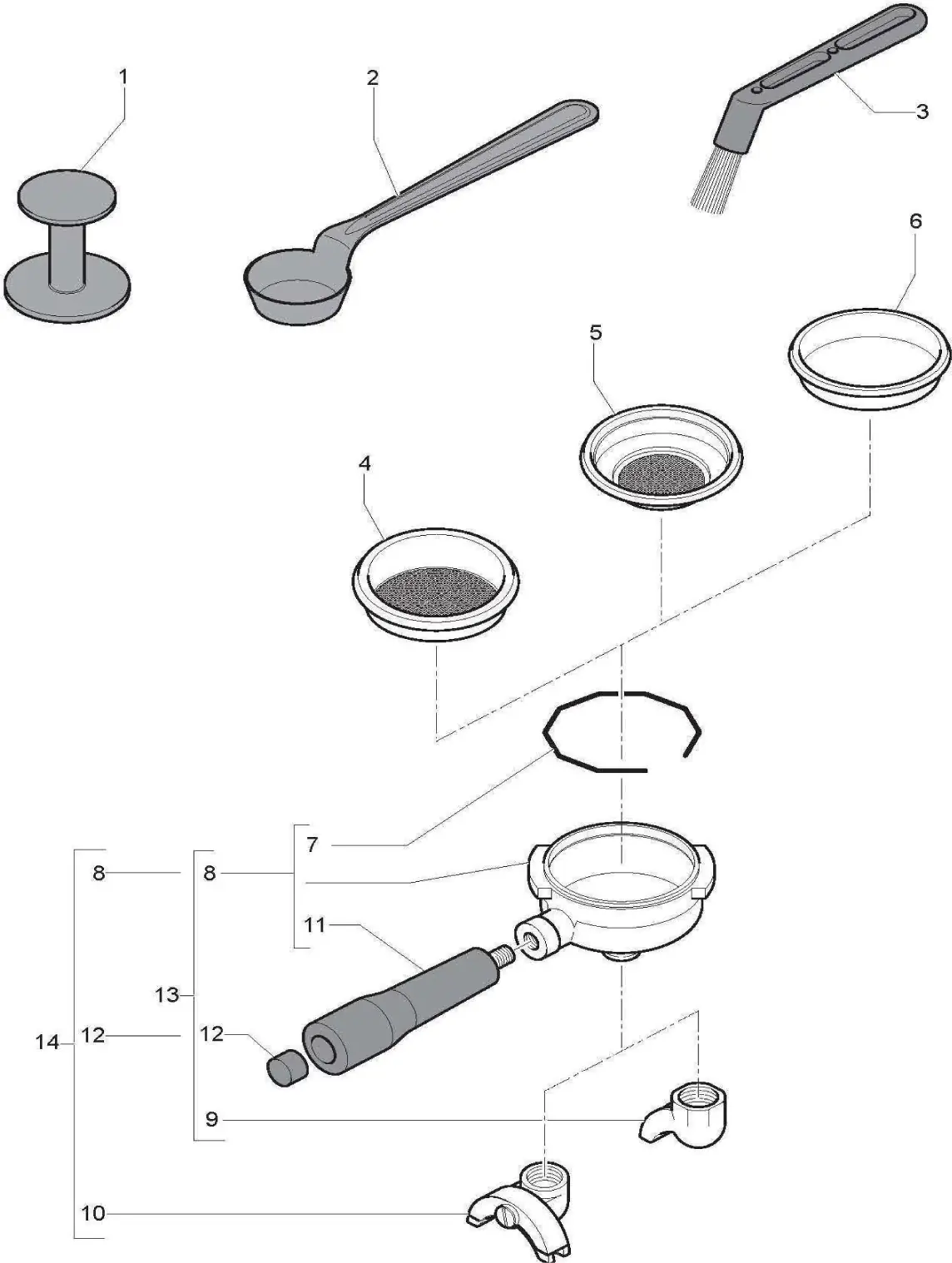 Exploded parts diagram of an ECM Barista coffee portafilter assembly showing labeled parts: tamper, scoop, cleaning brush, filter baskets, spring clip, portafilter body, handle, screw, and spout—each component separated for clarity.