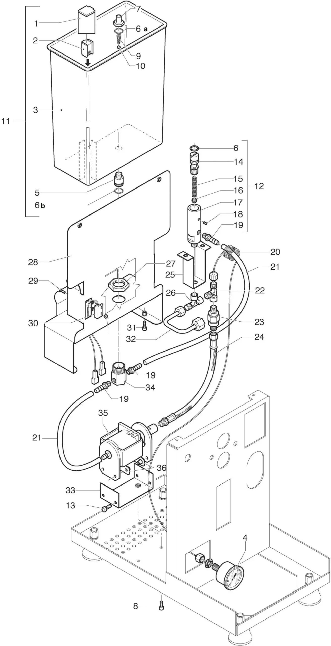 Exploded technical diagram of the ECM Classika II coffee machine showing labeled components such as the water tank, pump, pipes, wiring, and base. Each part is separated and numbered for assembly reference in this detailed parts diagram.