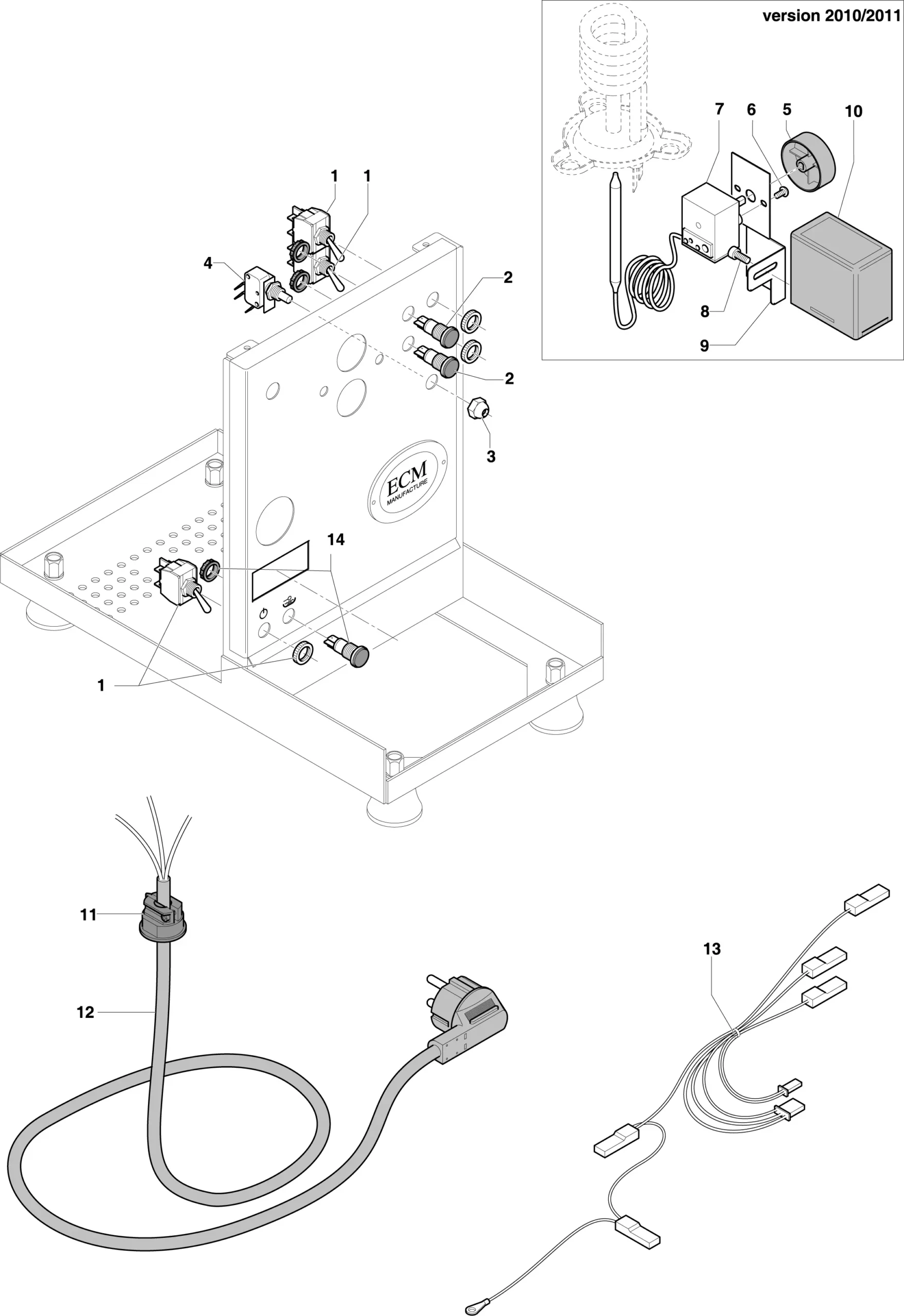 Exploded Parts Diagram of an ECM Classika II electrical component setup showing a power cord, plug, switches, wires, connectors, and control box, with labeled parts and a detailed inset view of the Classika PID wiring configuration.
