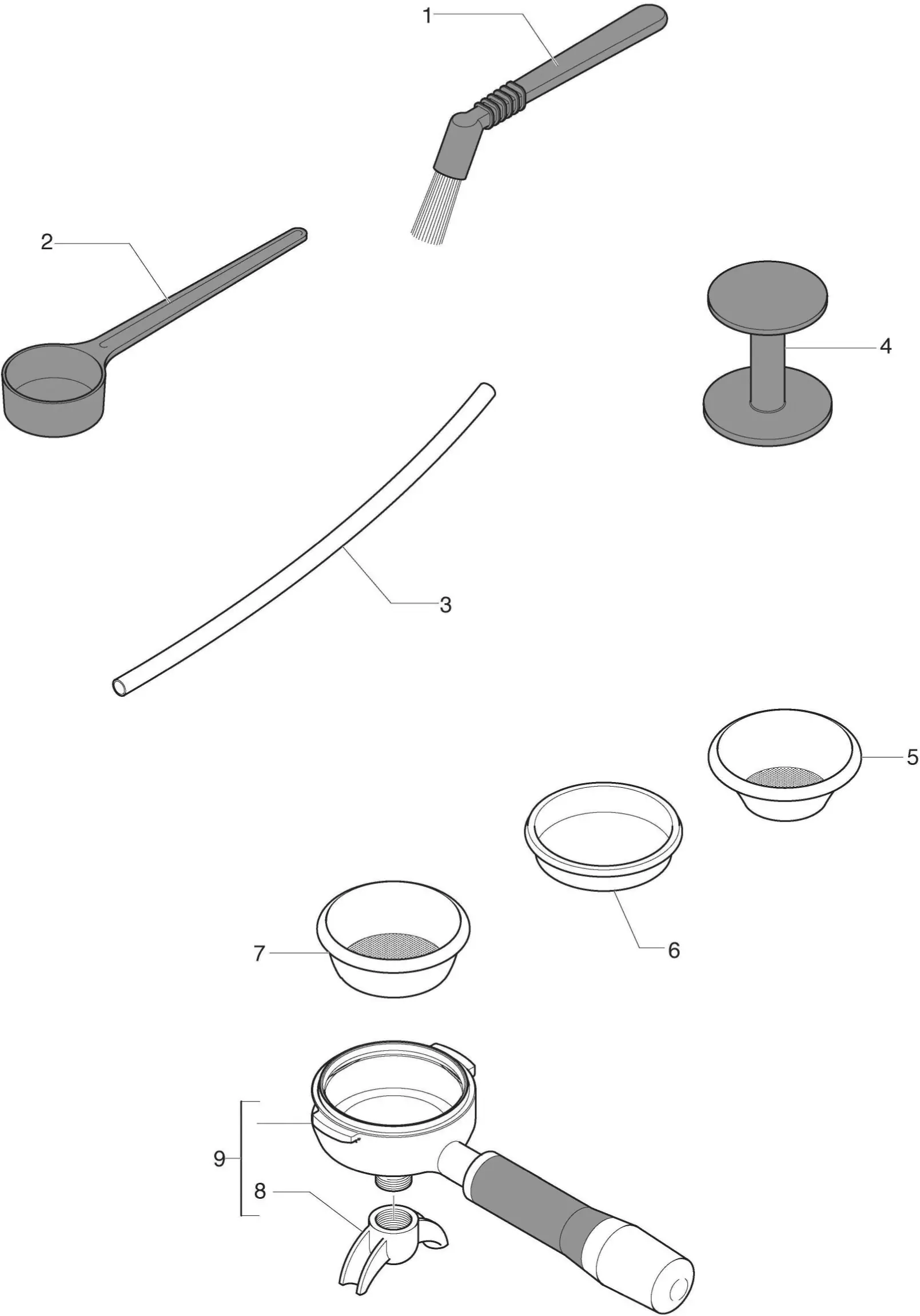 Line drawing parts diagram of various espresso machine accessories, including a group head brush, scoop, Classika PID steam wand cleaning tube, tamper, single and double filter baskets, blind filter, portafilter handle, and portafilter spout.